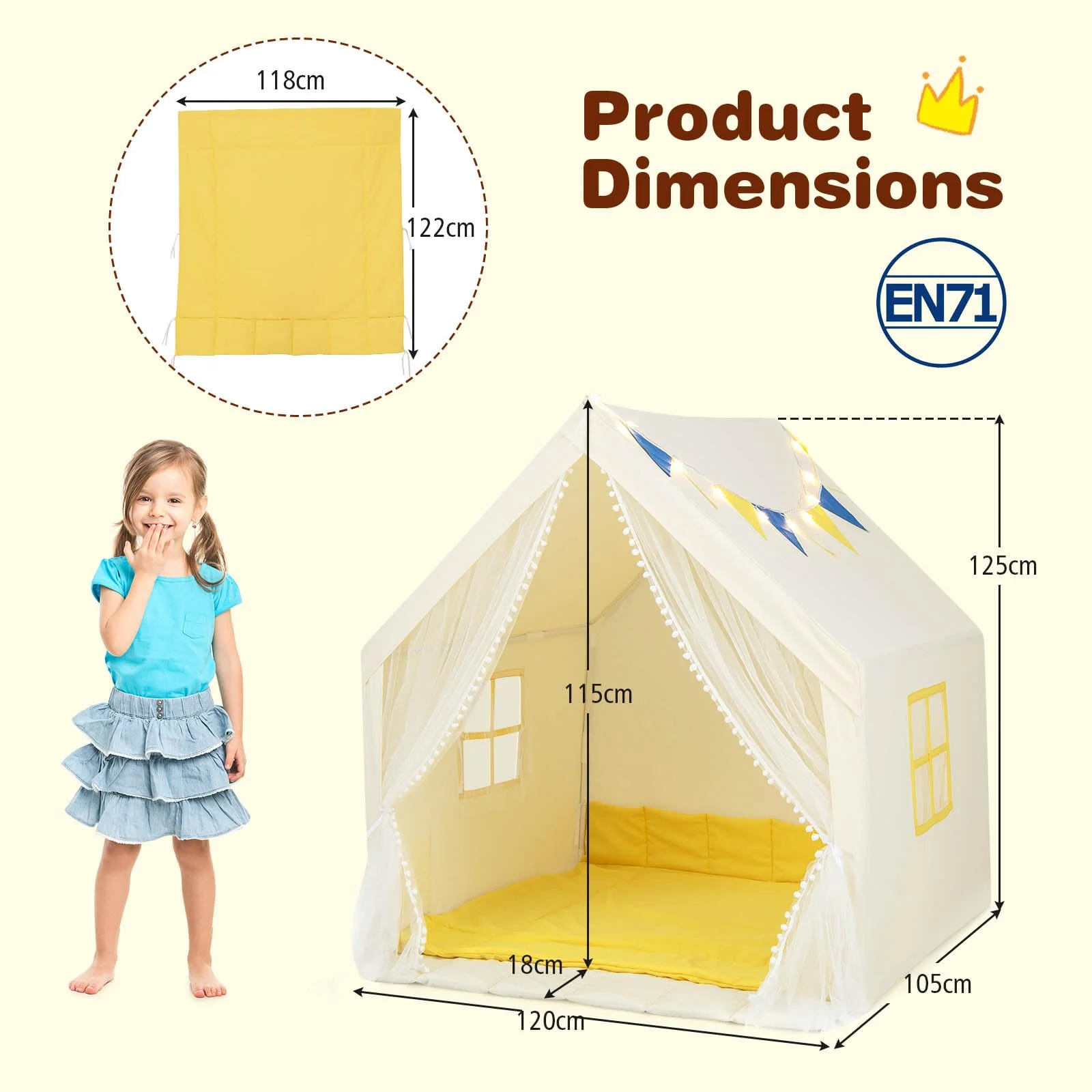 HONEY JOY Large Play Tent, Kids & Toddlers Playhouse with Washable Cotton Mat, Star Lights, Windows - Image 5