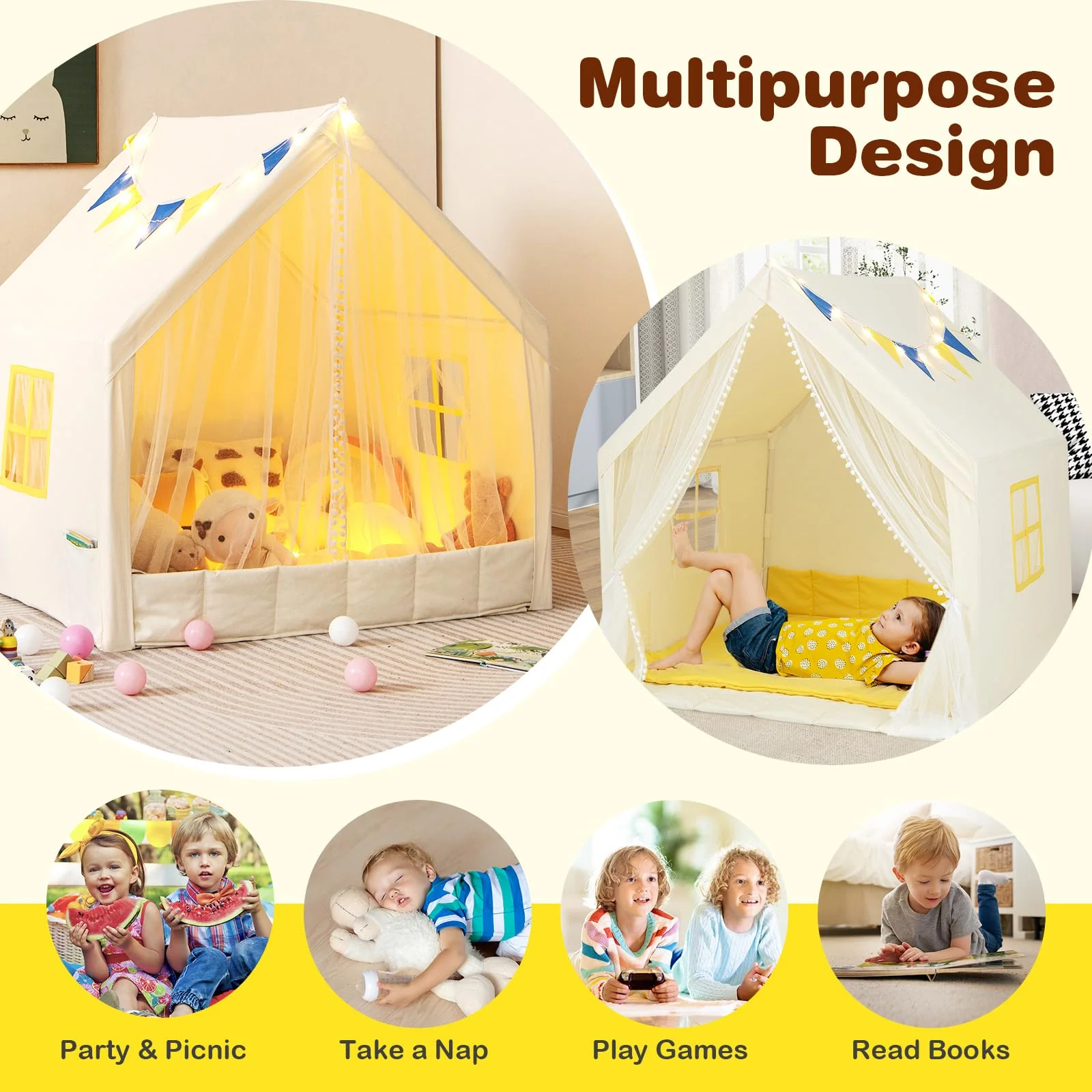 HONEY JOY Large Play Tent, Kids & Toddlers Playhouse with Washable Cotton Mat, Star Lights, Windows - Image 6
