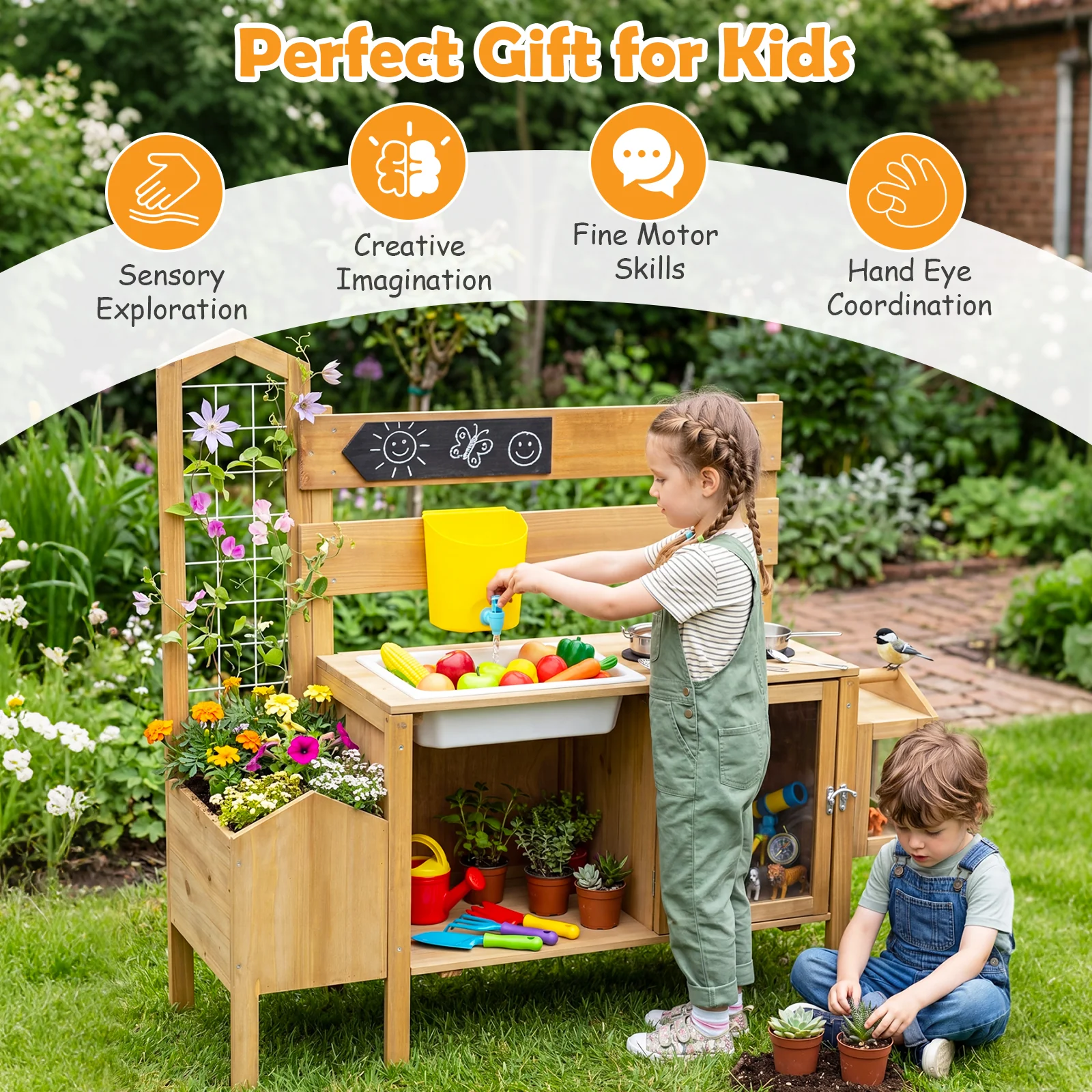 Honey Joy Mud Kitchen for Kids, Pretend Play Kitchen with Detachable Bird Cage, Trellis, Planter Box, Sink, Stoves - Image 10