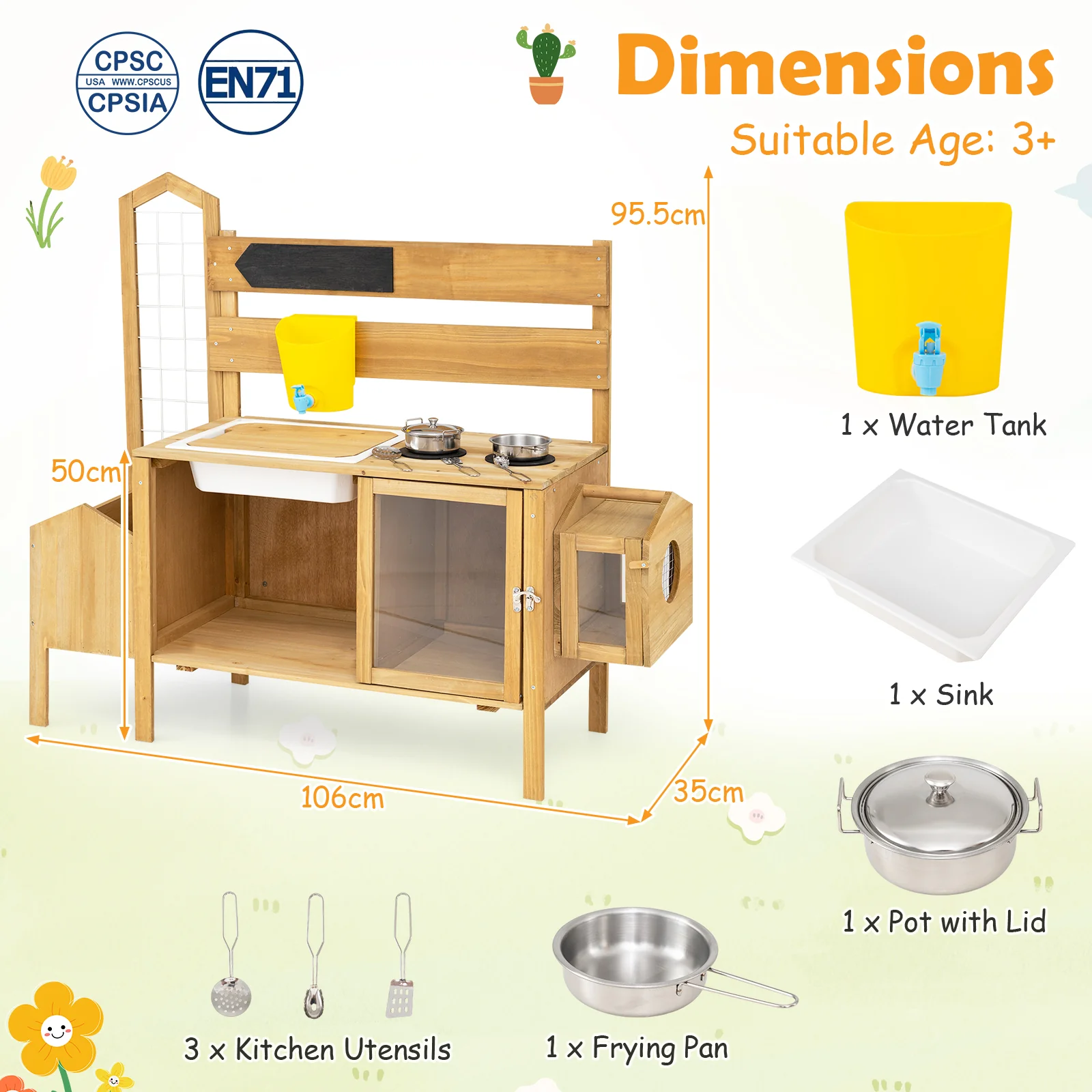 Honey Joy Mud Kitchen for Kids, Pretend Play Kitchen with Detachable Bird Cage, Trellis, Planter Box, Sink, Stoves - Image 11