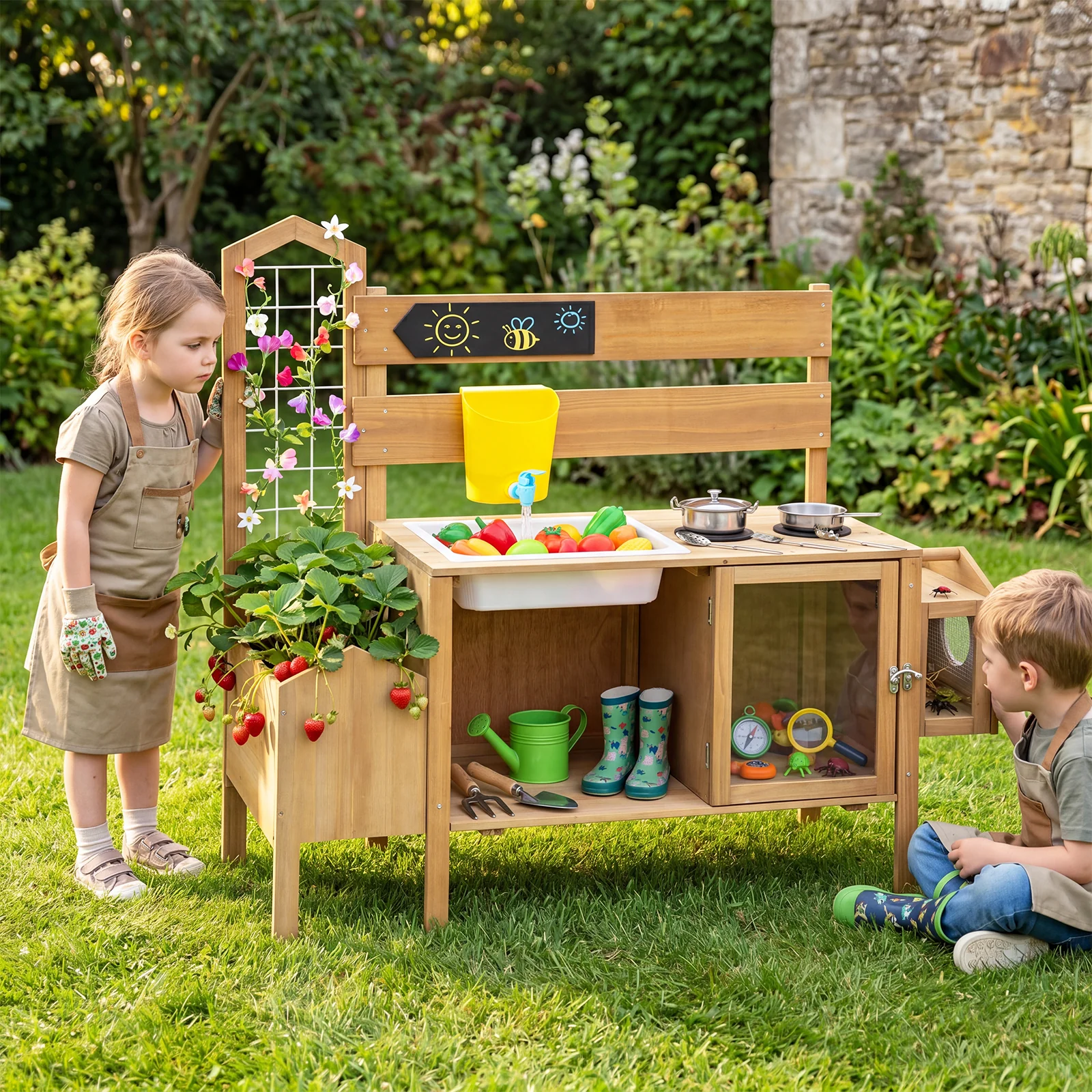 Honey Joy Mud Kitchen for Kids, Pretend Play Kitchen with Detachable Bird Cage, Trellis, Planter Box, Sink, Stoves - Image 2
