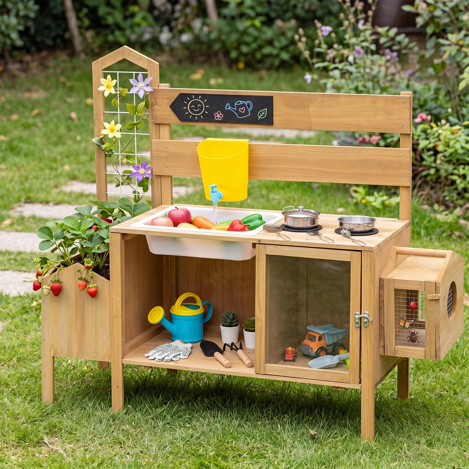 Honey Joy Mud Kitchen for Kids, Pretend Play Kitchen with Detachable Bird Cage, Trellis, Planter Box, Sink, Stoves - Image 3