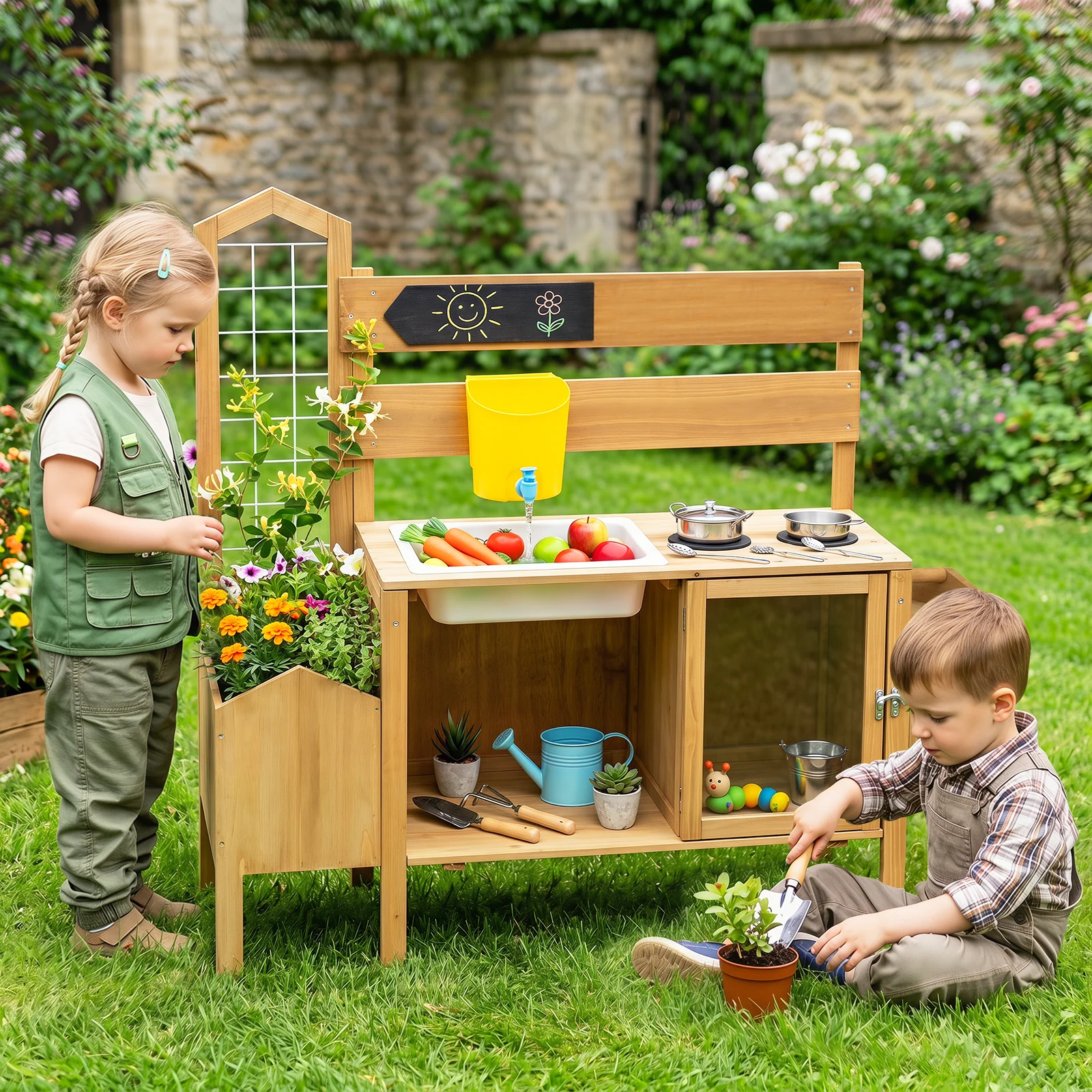 Honey Joy Mud Kitchen for Kids, Pretend Play Kitchen with Detachable Bird Cage, Trellis, Planter Box, Sink, Stoves - Image 4