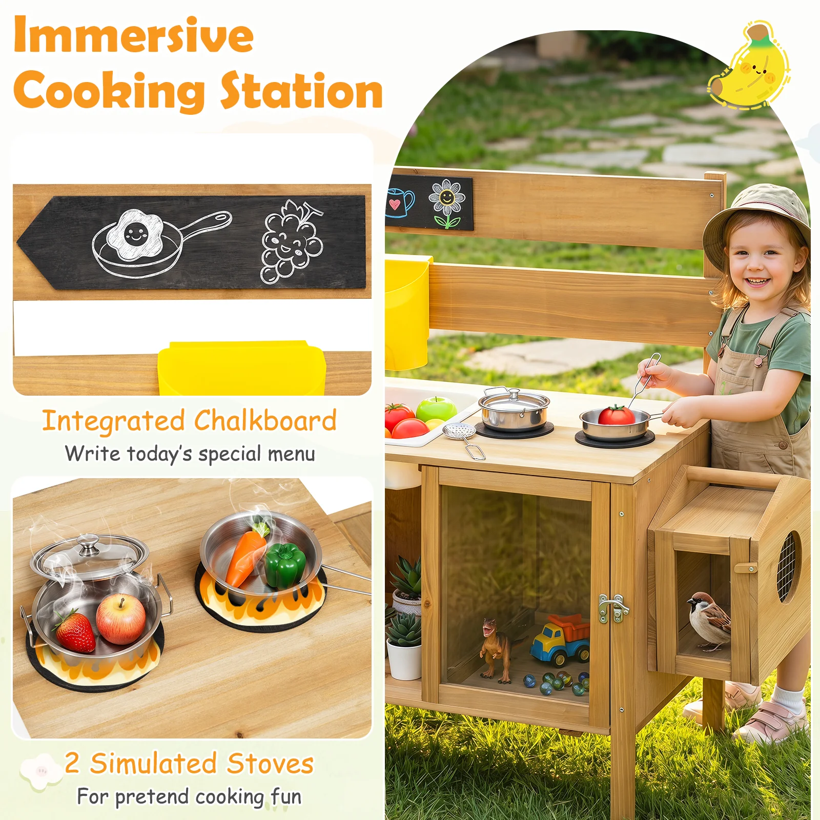 Honey Joy Mud Kitchen for Kids, Pretend Play Kitchen with Detachable Bird Cage, Trellis, Planter Box, Sink, Stoves - Image 5