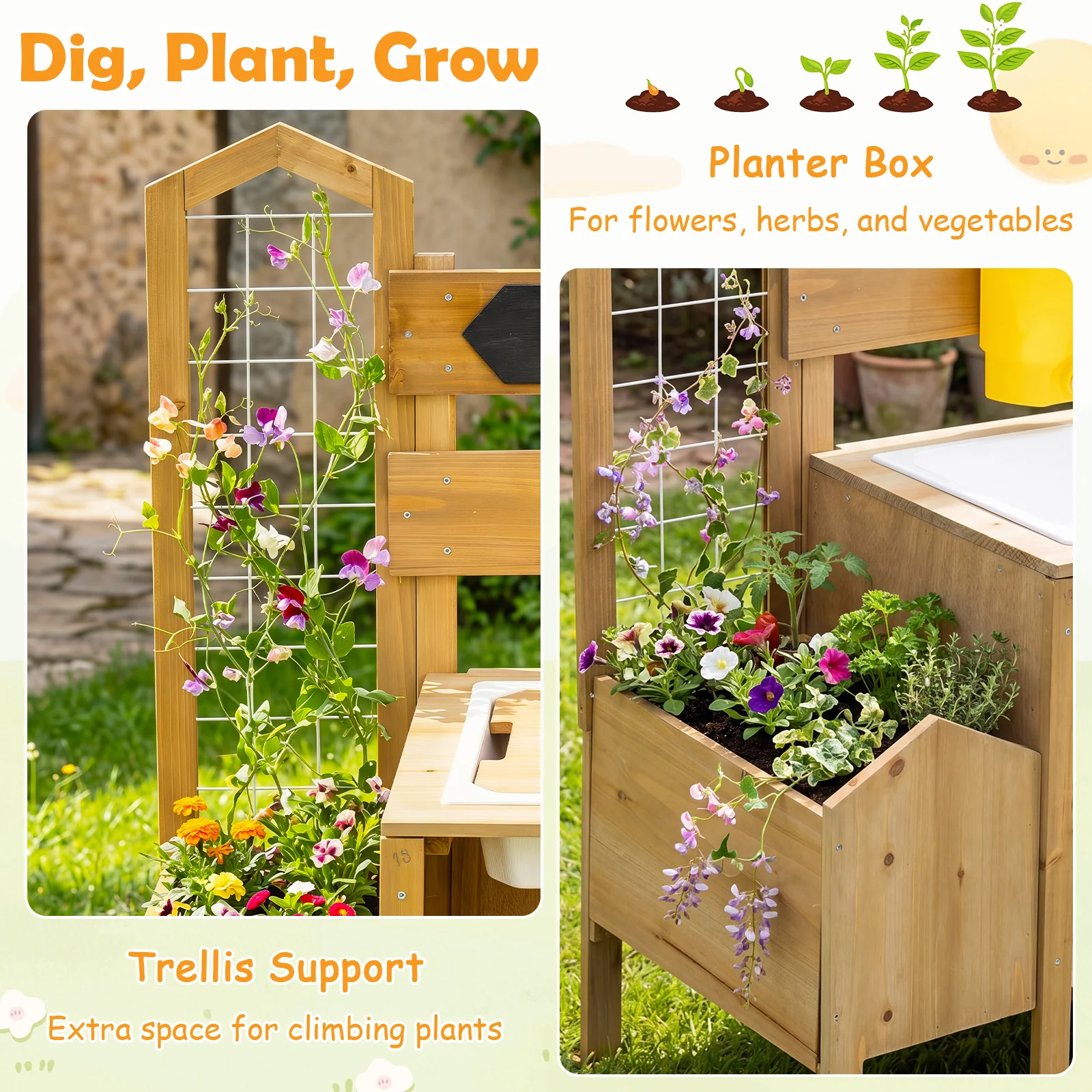Honey Joy Mud Kitchen for Kids, Pretend Play Kitchen with Detachable Bird Cage, Trellis, Planter Box, Sink, Stoves - Image 6