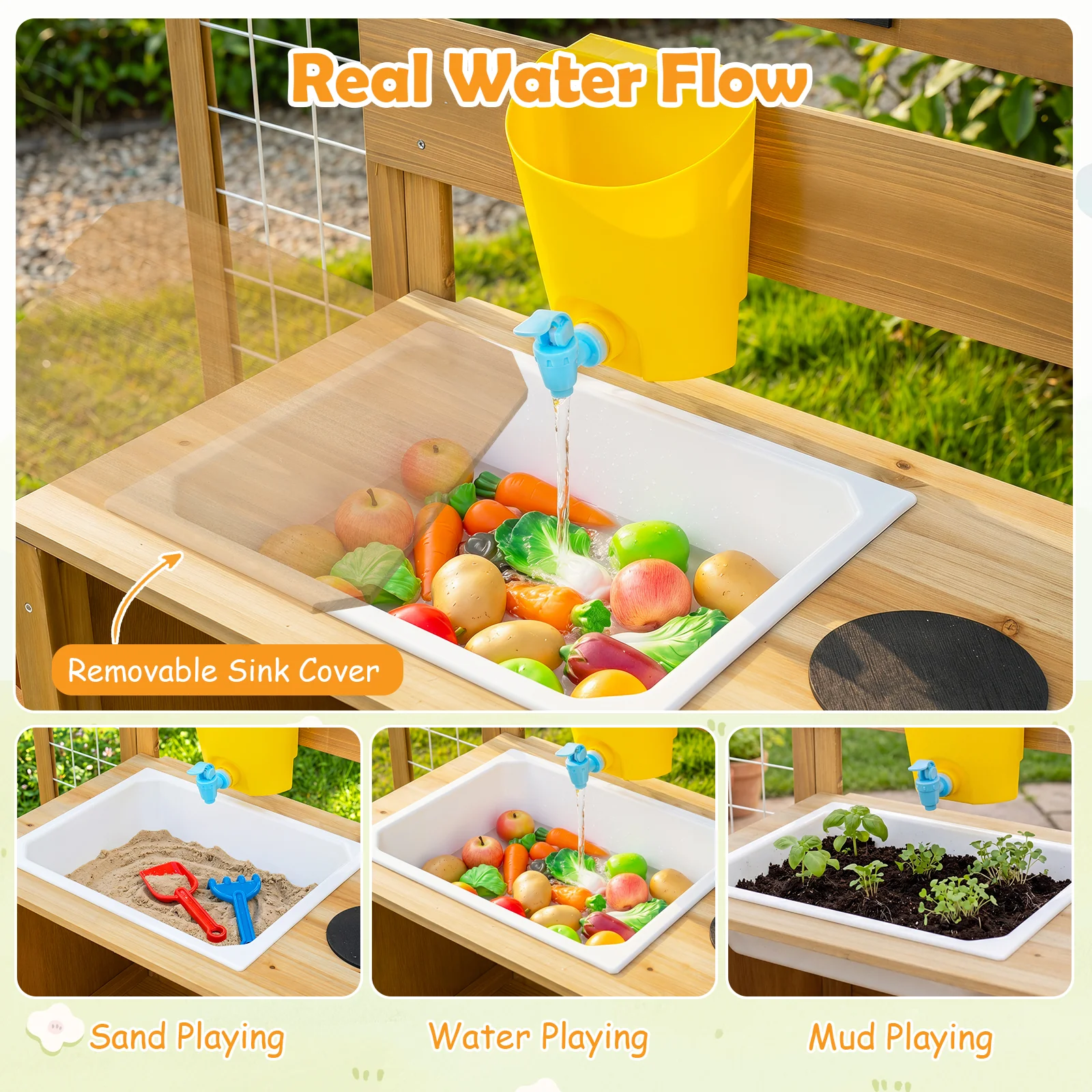 Honey Joy Mud Kitchen for Kids, Pretend Play Kitchen with Detachable Bird Cage, Trellis, Planter Box, Sink, Stoves - Image 7