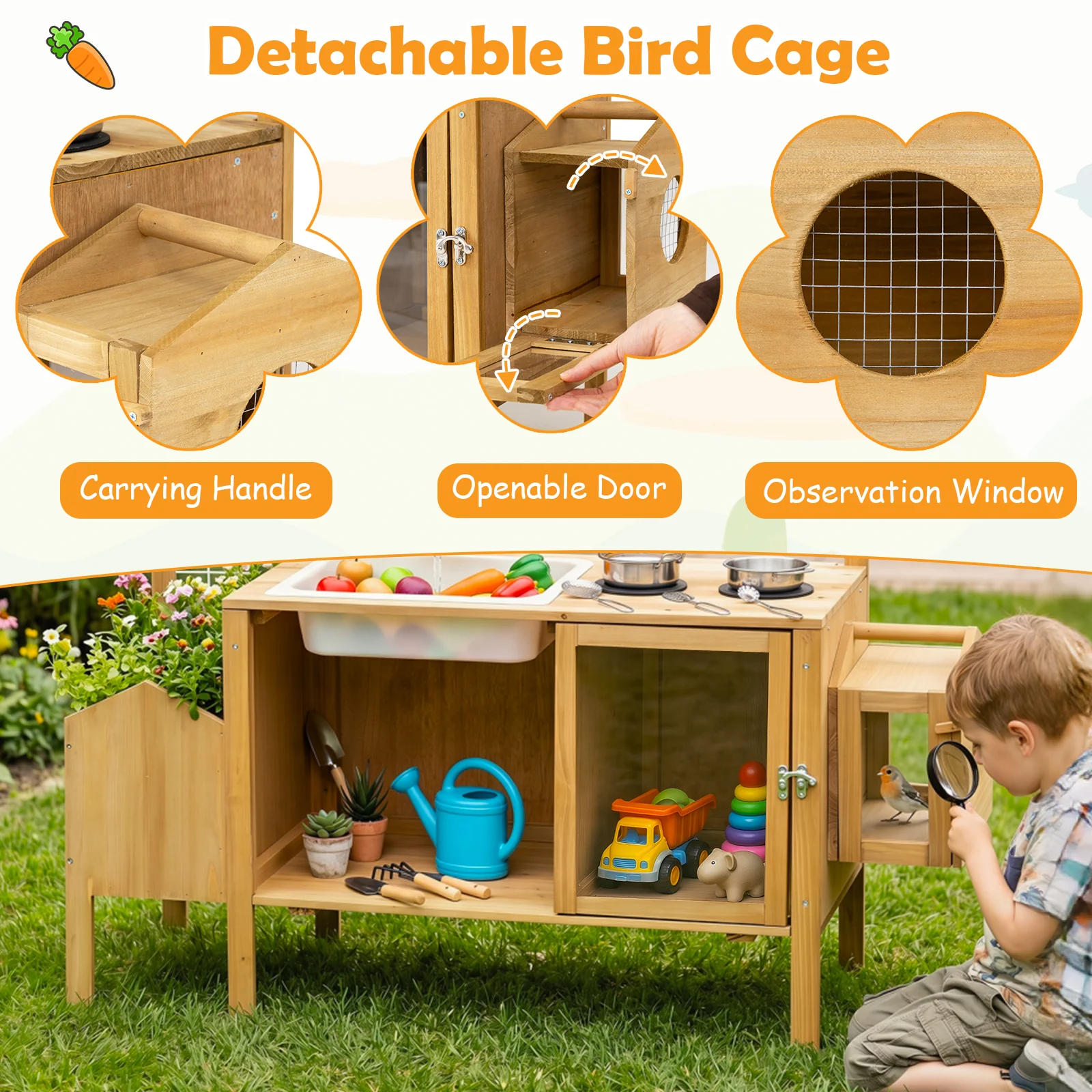 Honey Joy Mud Kitchen for Kids, Pretend Play Kitchen with Detachable Bird Cage, Trellis, Planter Box, Sink, Stoves - Image 8