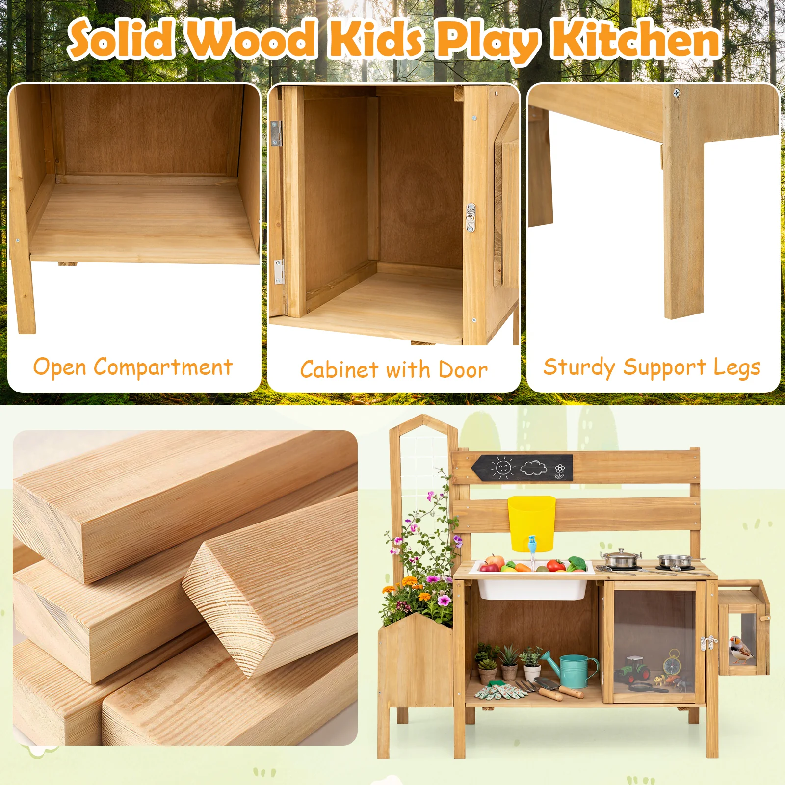 Honey Joy Mud Kitchen for Kids, Pretend Play Kitchen with Detachable Bird Cage, Trellis, Planter Box, Sink, Stoves - Image 9