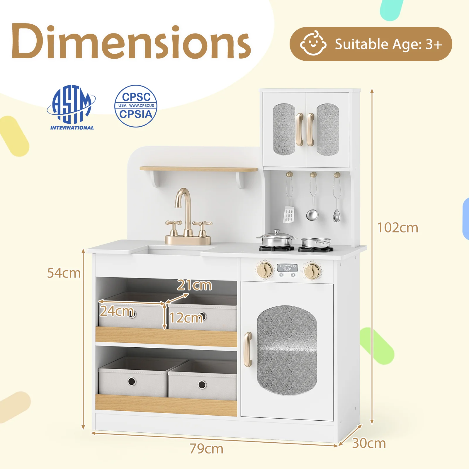 HONEY JOY Play Kitchen for Kids with Storage, Wooden Toy Kitchen Set w/4 Storage Bins - Image 10