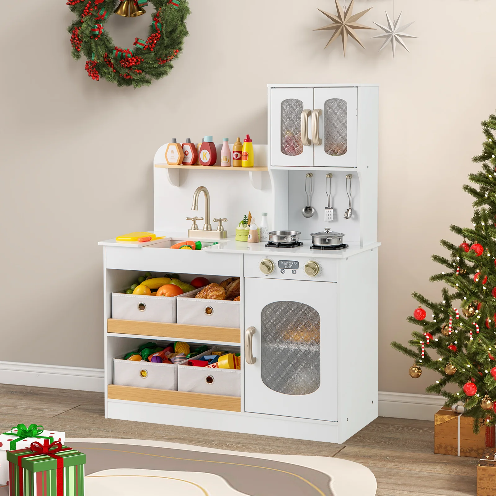 HONEY JOY Play Kitchen for Kids with Storage, Wooden Toy Kitchen Set w/4 Storage Bins - Image 2