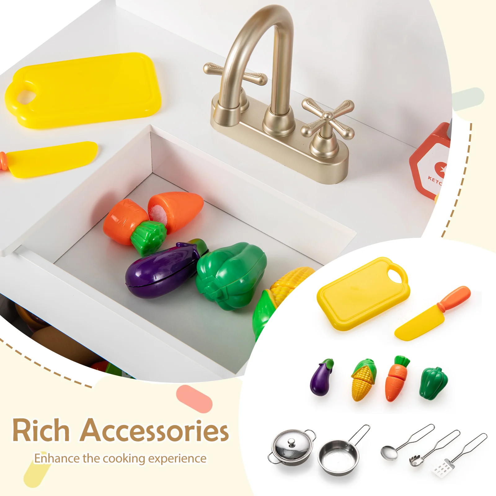 HONEY JOY Play Kitchen for Kids with Storage, Wooden Toy Kitchen Set w/4 Storage Bins - Image 3
