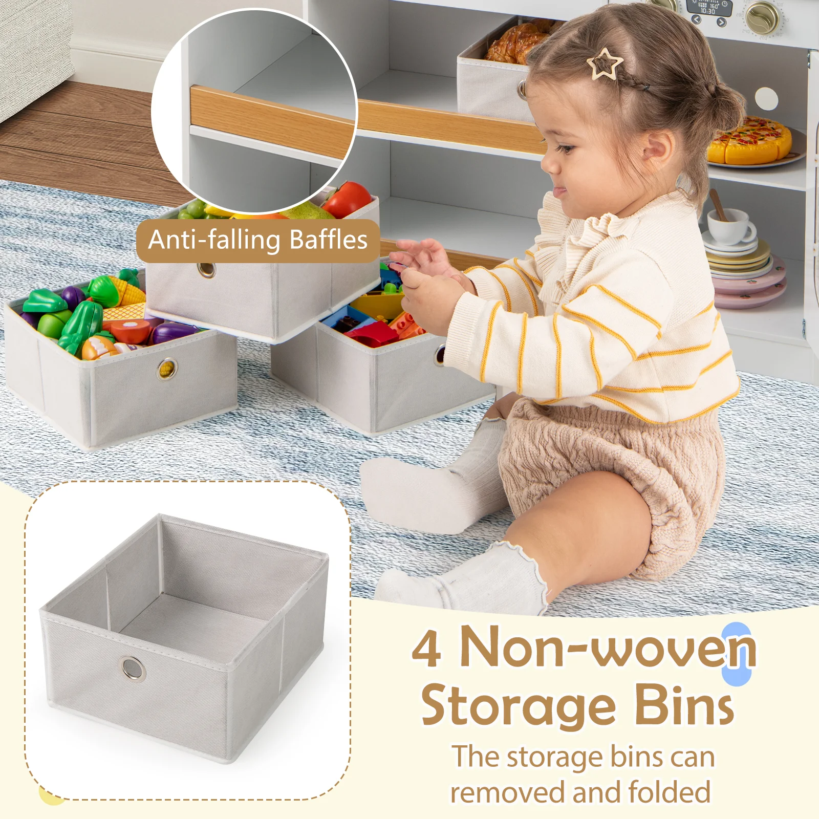 HONEY JOY Play Kitchen for Kids with Storage, Wooden Toy Kitchen Set w/4 Storage Bins - Image 4