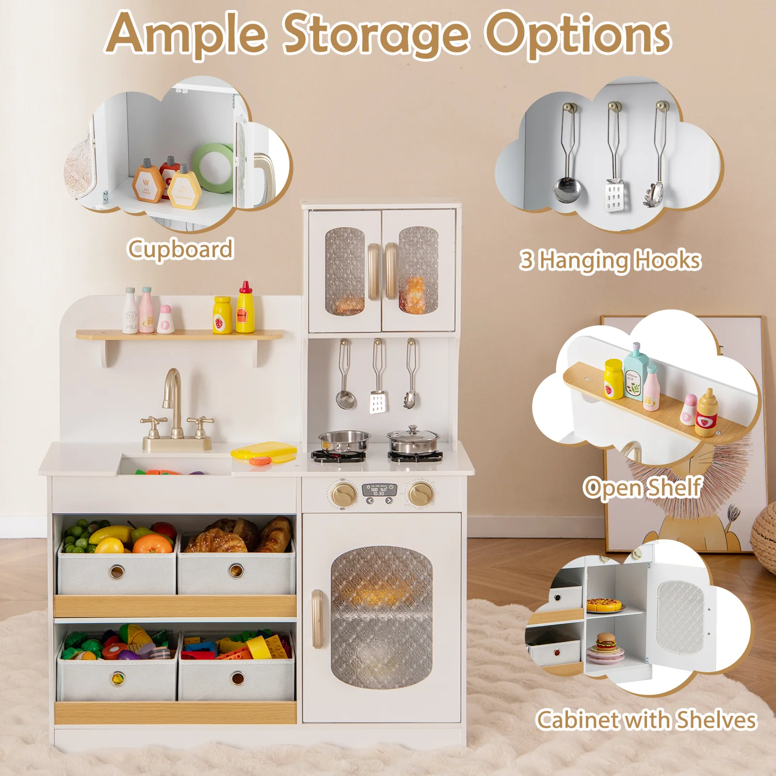 HONEY JOY Play Kitchen for Kids with Storage, Wooden Toy Kitchen Set w/4 Storage Bins - Image 5