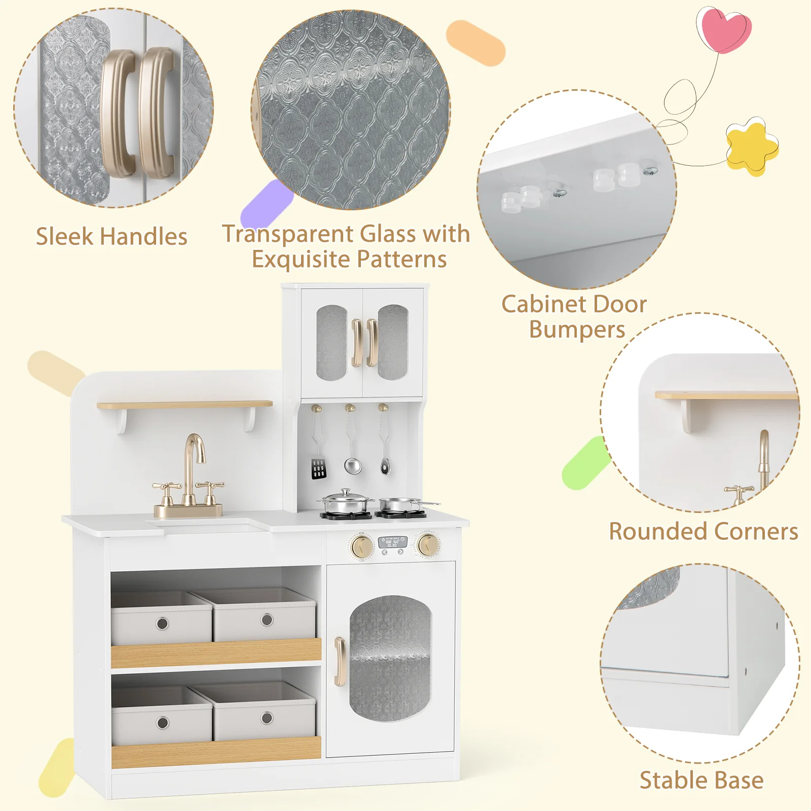 HONEY JOY Play Kitchen for Kids with Storage, Wooden Toy Kitchen Set w/4 Storage Bins - Image 7