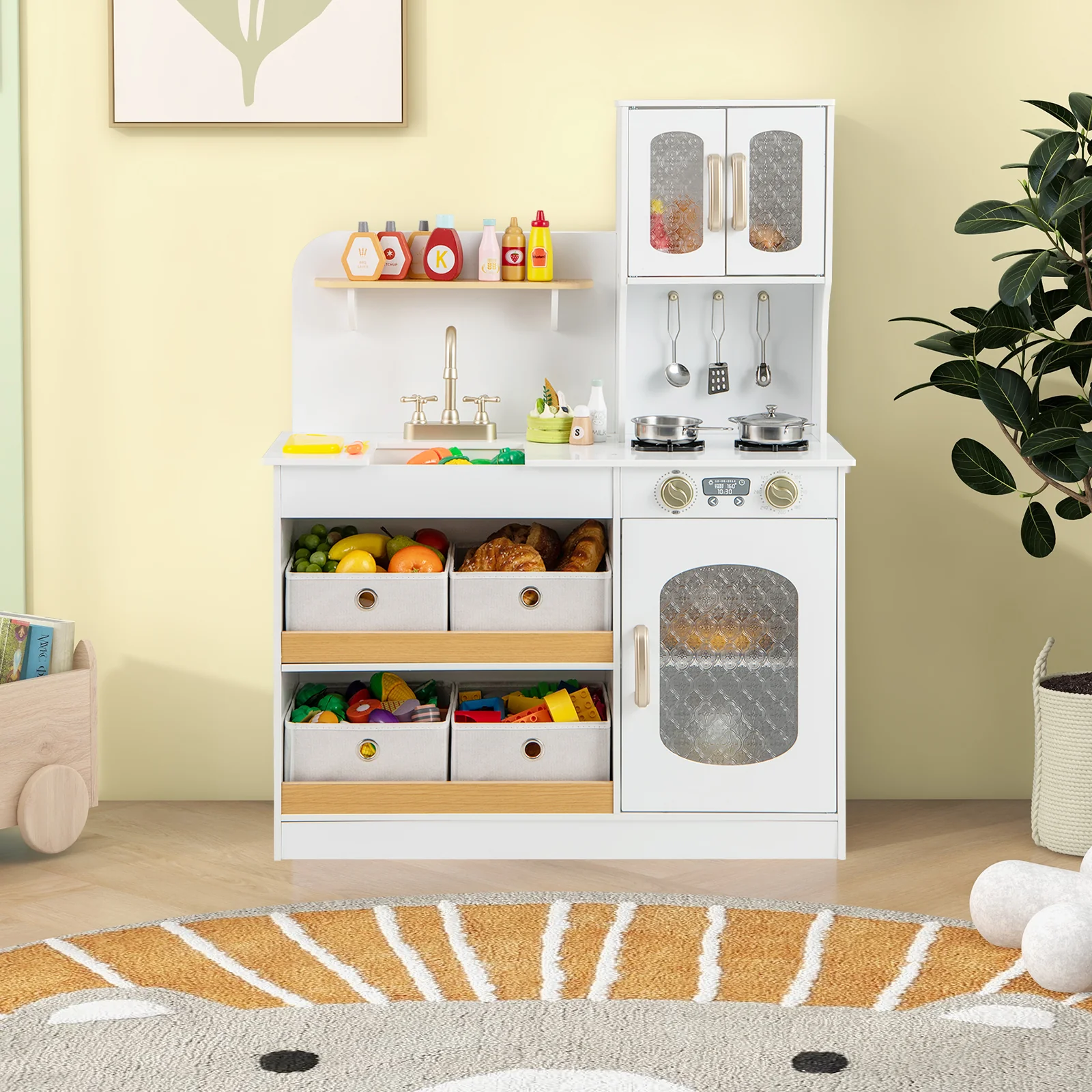 HONEY JOY Play Kitchen for Kids with Storage, Wooden Toy Kitchen Set w/4 Storage Bins - Image 8