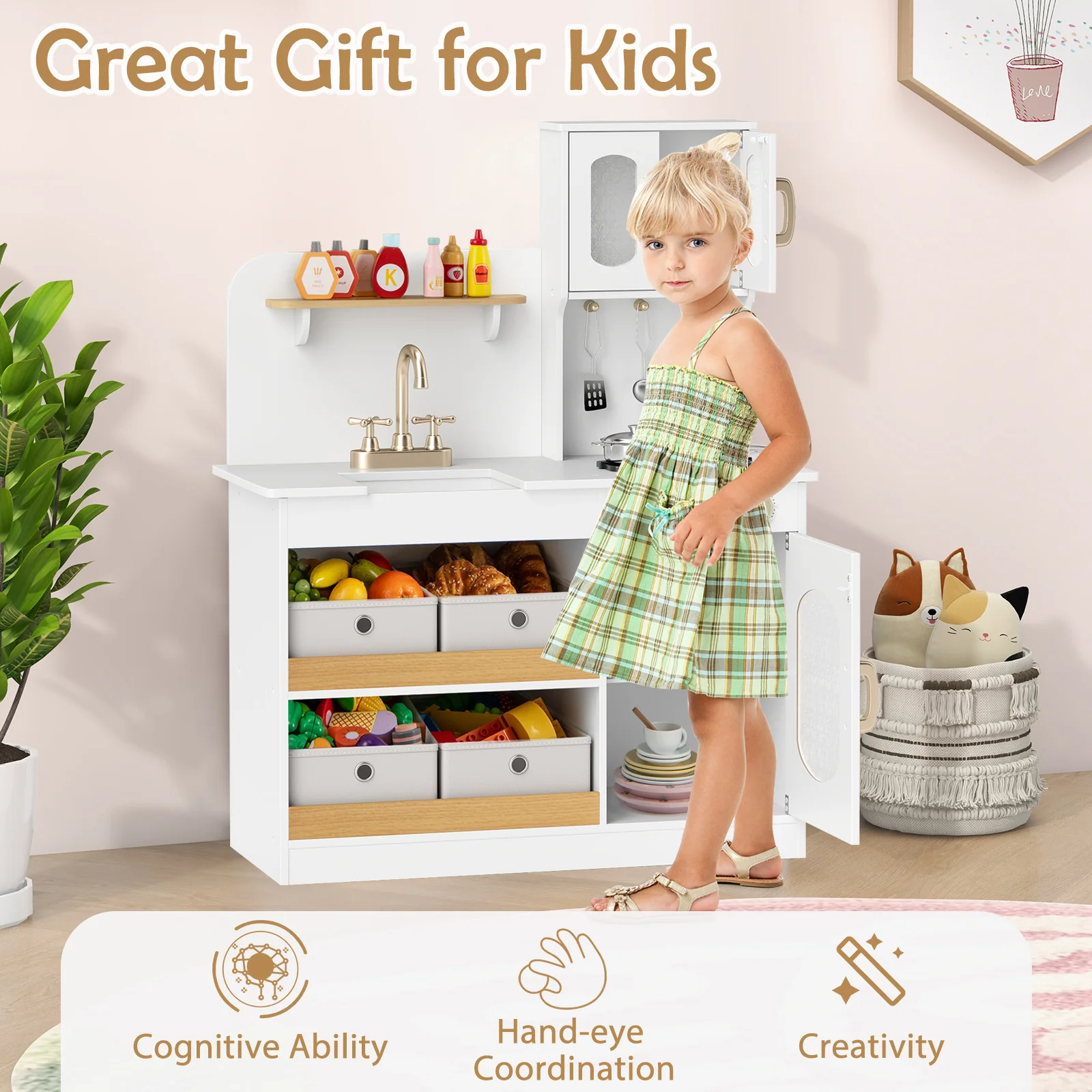 HONEY JOY Play Kitchen for Kids with Storage, Wooden Toy Kitchen Set w/4 Storage Bins - Image 9