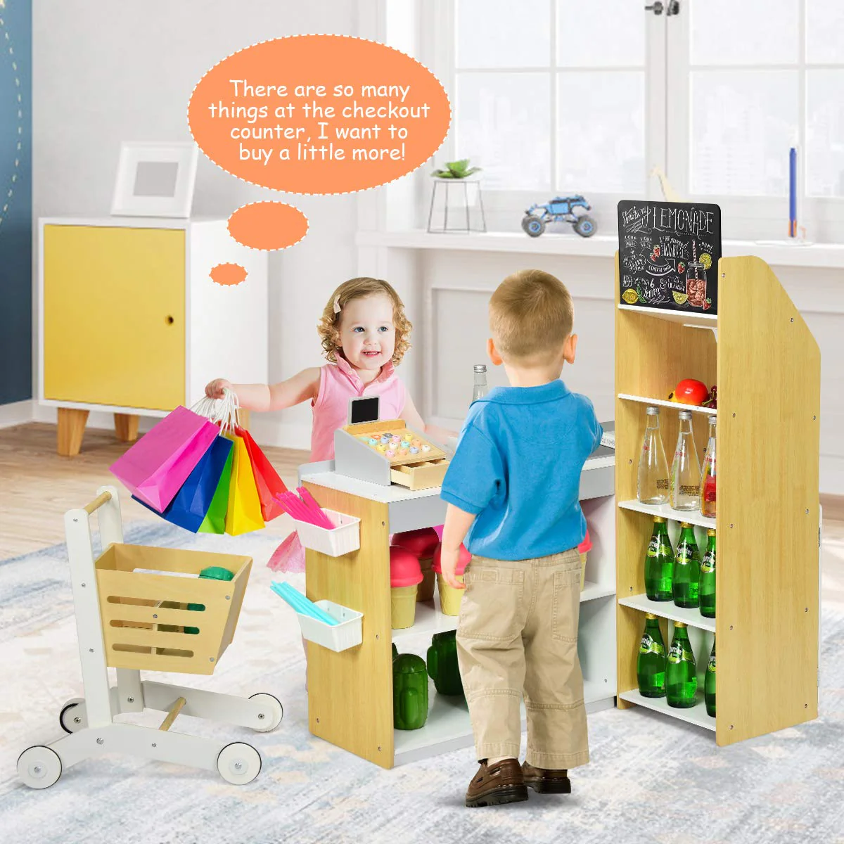 HONEY JOY Pretend Grocery Store Playset, Supermarket Play Toy with Shopping Cart - Image 3