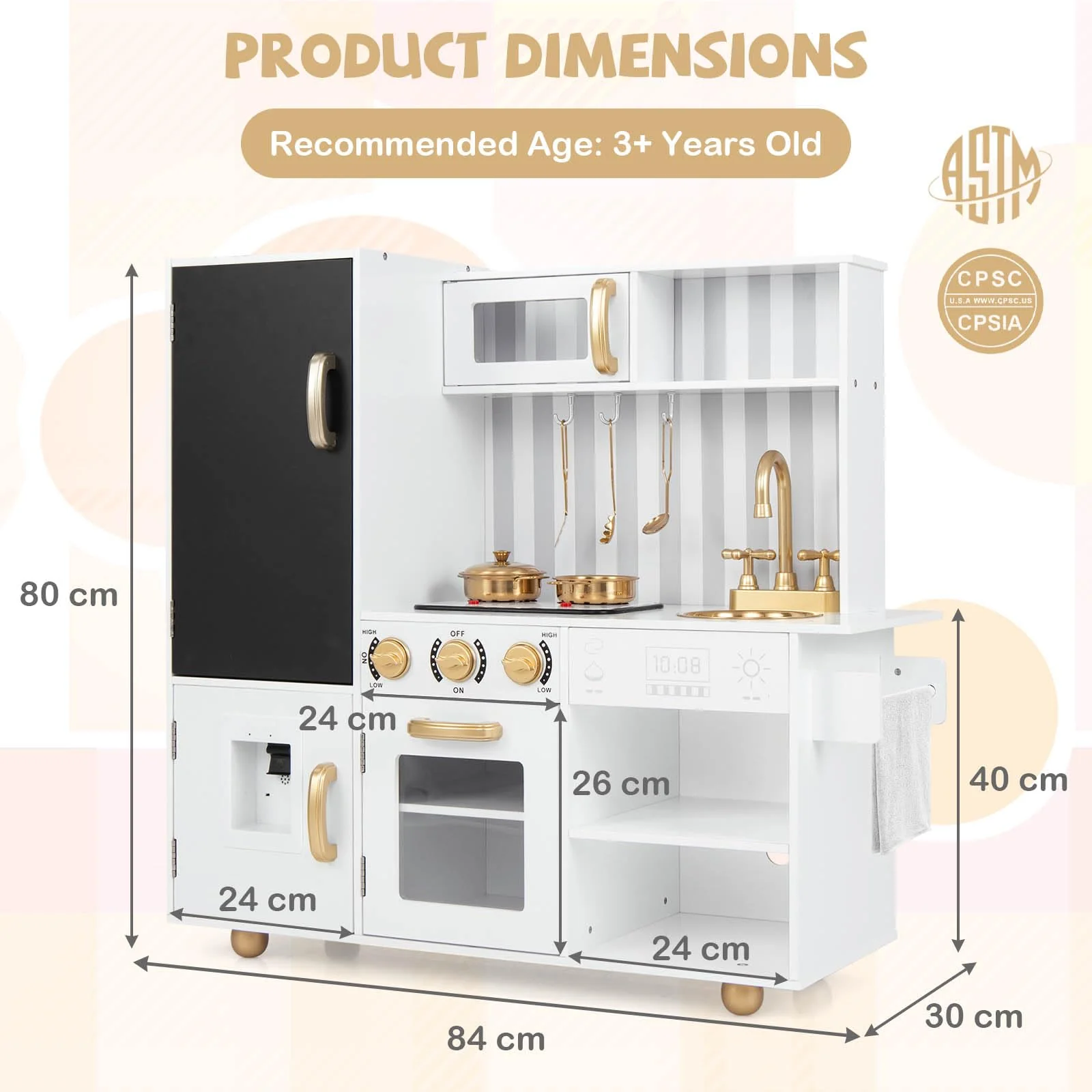 HONEY JOY Pretend Play Kitchen, Wooden Kitchen Playset for Kids w/Utensils, Oven, Sink, Faucet, Chalkboard, Stove - Image 3