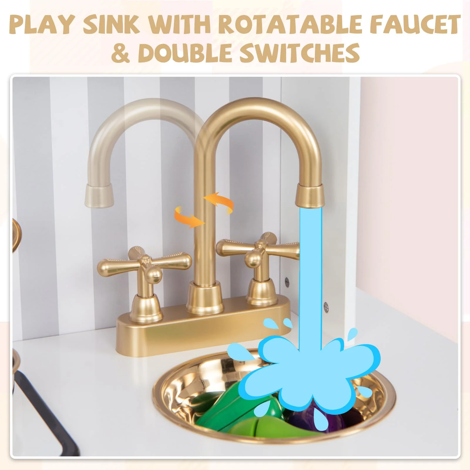 HONEY JOY Pretend Play Kitchen, Wooden Kitchen Playset for Kids w/Utensils, Oven, Sink, Faucet, Chalkboard, Stove - Image 5
