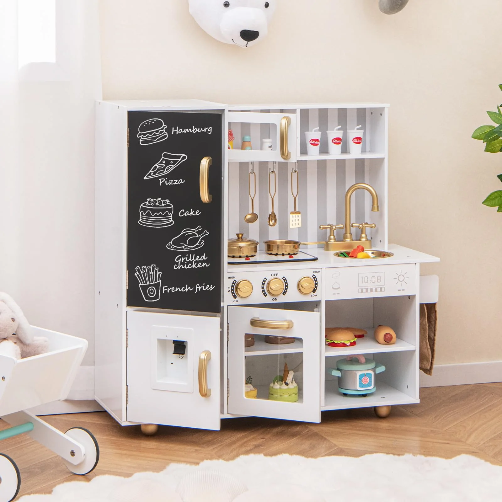 HONEY JOY Pretend Play Kitchen, Wooden Kitchen Playset for Kids w/Utensils, Oven, Sink, Faucet, Chalkboard, Stove - Image 9