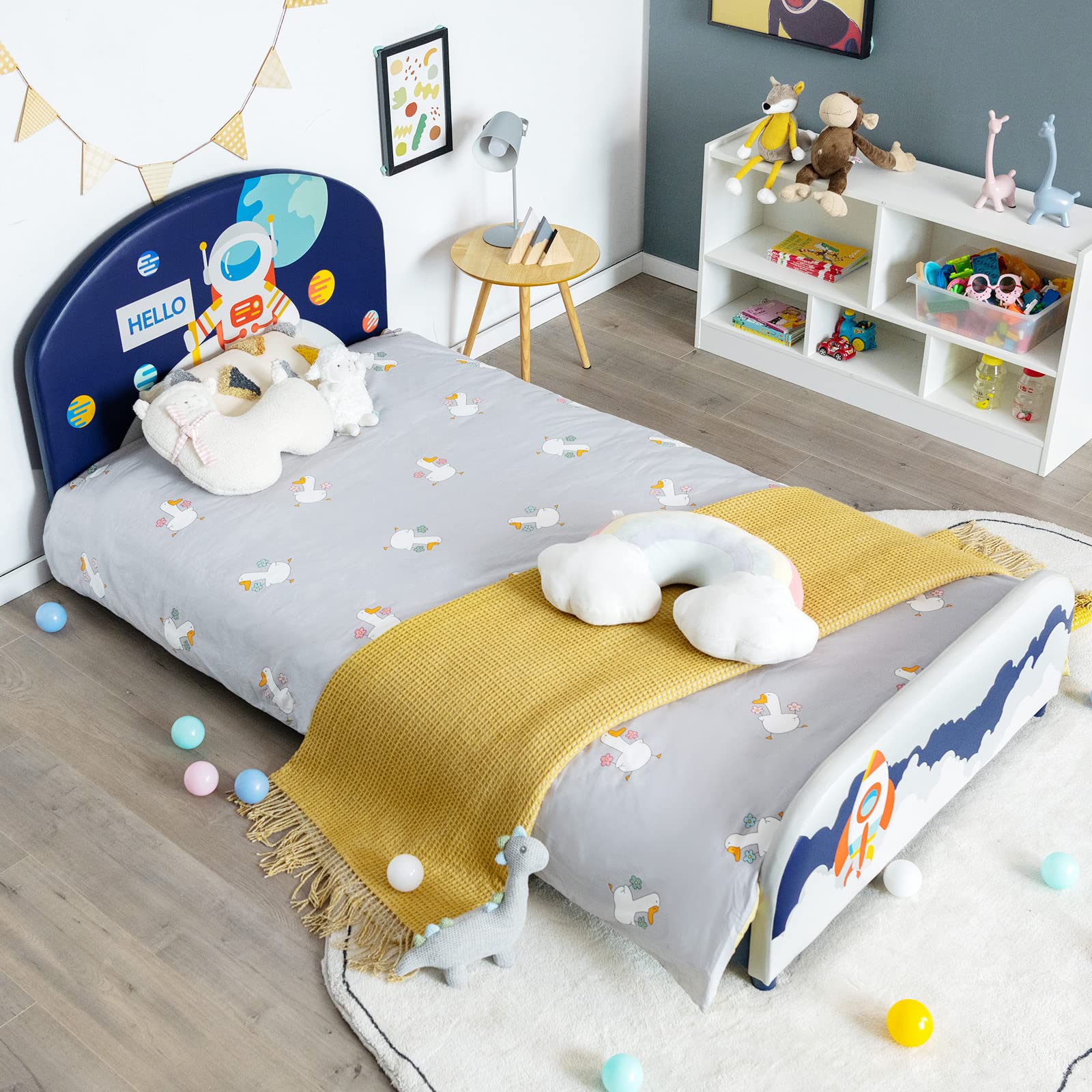 HONEY JOY Single Bed Frames for Kids, Wood Upholstered Twin Bed Platform with Slat Support - Image 11
