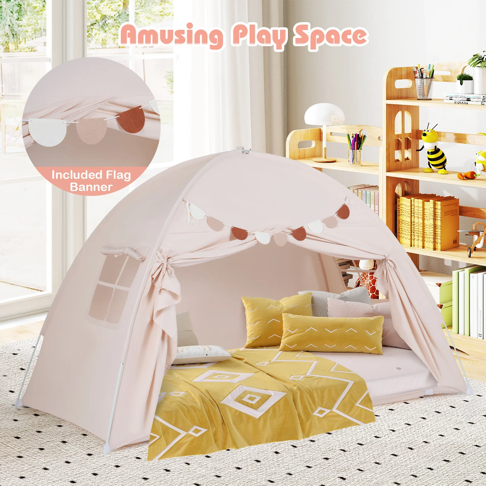 HONEY JOY Twin Full Size Bed Tent for Kids, Foldable & Portable Canopy Tent on Twin Bunk Bed - Image 4