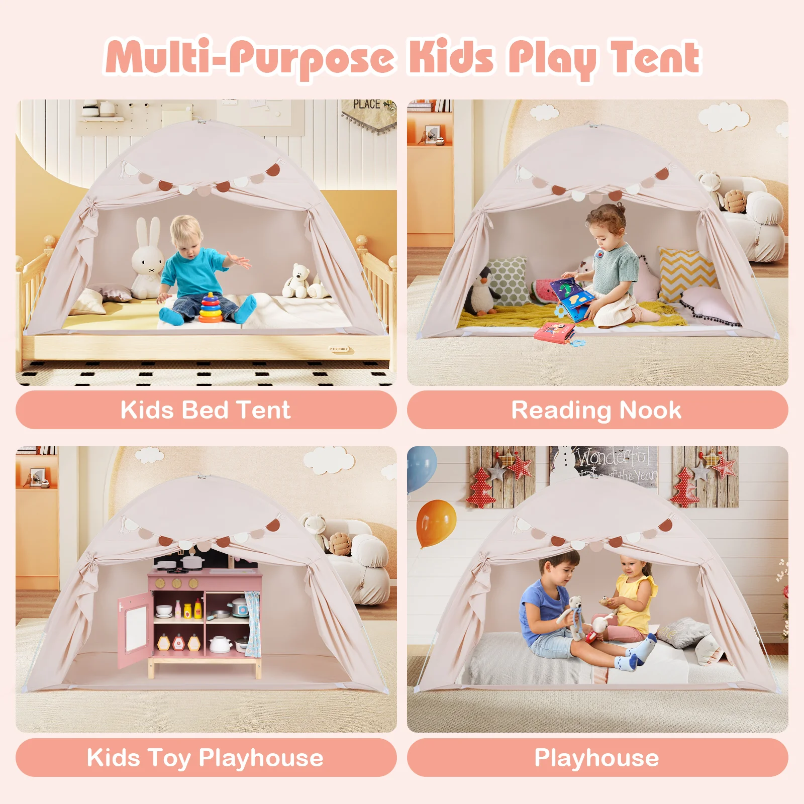 HONEY JOY Twin Full Size Bed Tent for Kids, Foldable & Portable Canopy Tent on Twin Bunk Bed - Image 7