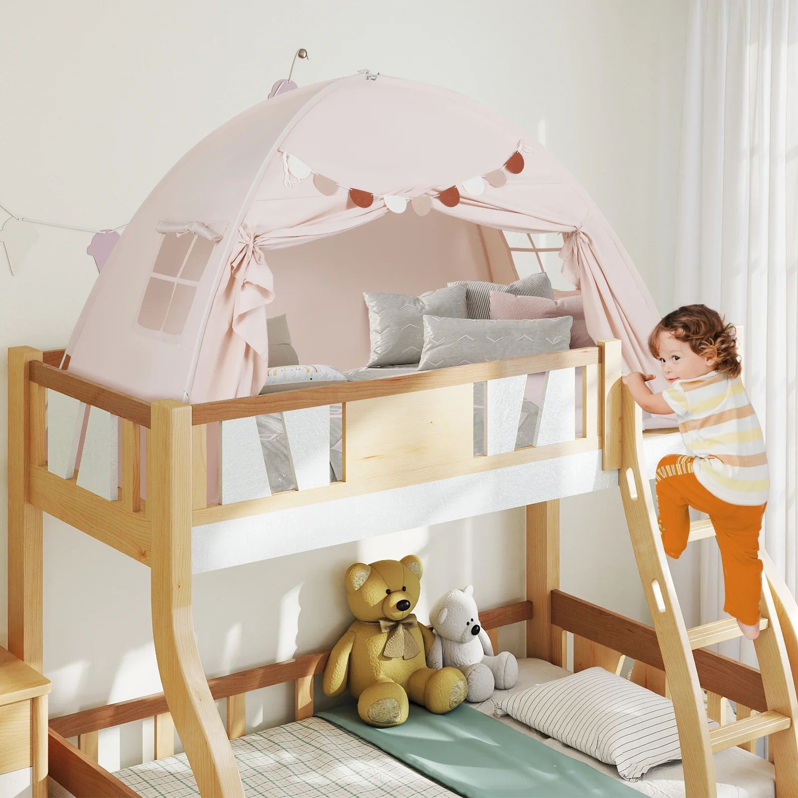 HONEY JOY Twin Full Size Bed Tent for Kids, Foldable & Portable Canopy Tent on Twin Bunk Bed - Image 9