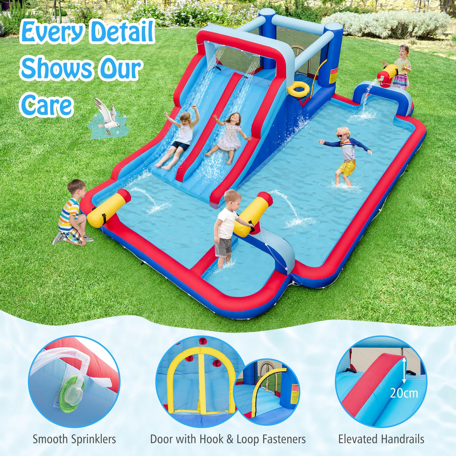 HONEY JOY Water Slide Park, 5-in-1 Inflatable Jumping House w/Dual Slides, Climbing Wall, Splash Pool, Basketball Rim, Water Cannons - Image 2
