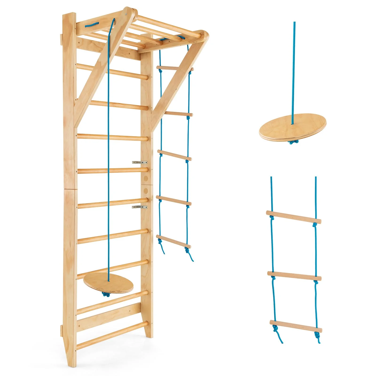 HONEY JOY Wood Stall Bar, Swedish Ladder with Swedish Wall & Pull Up Bar