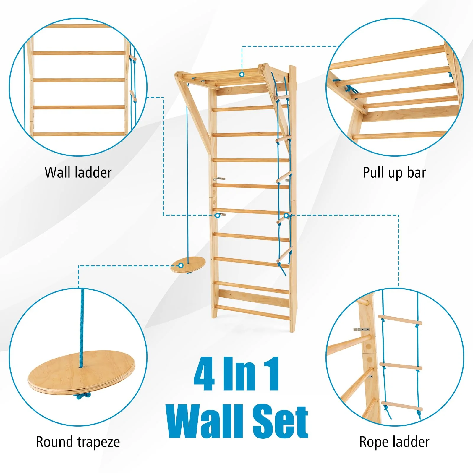 HONEY JOY Wood Stall Bar, Swedish Ladder with Swedish Wall & Pull Up Bar - Image 2