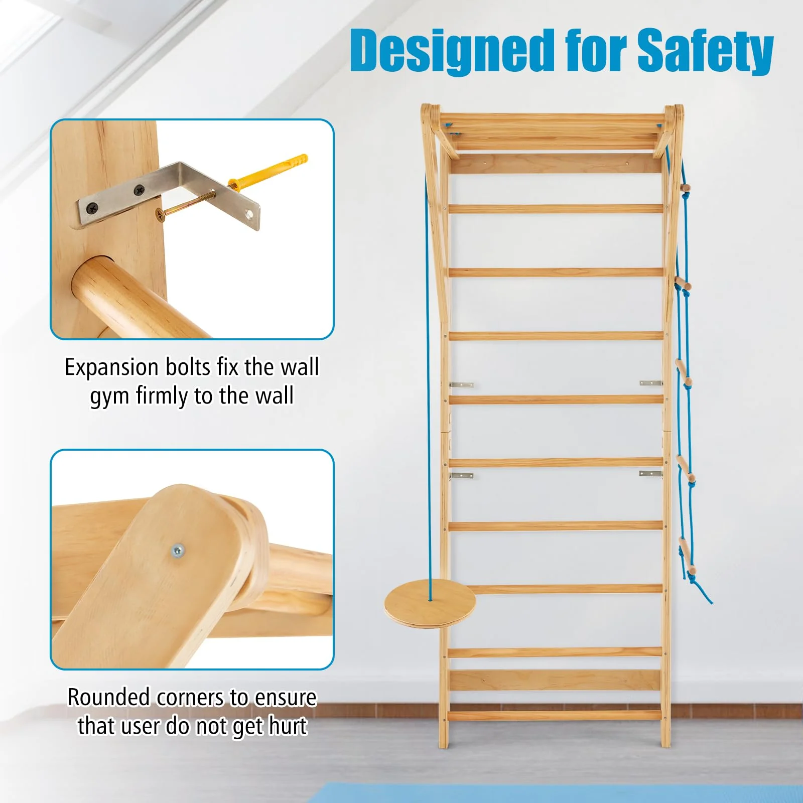 HONEY JOY Wood Stall Bar, Swedish Ladder with Swedish Wall & Pull Up Bar - Image 3