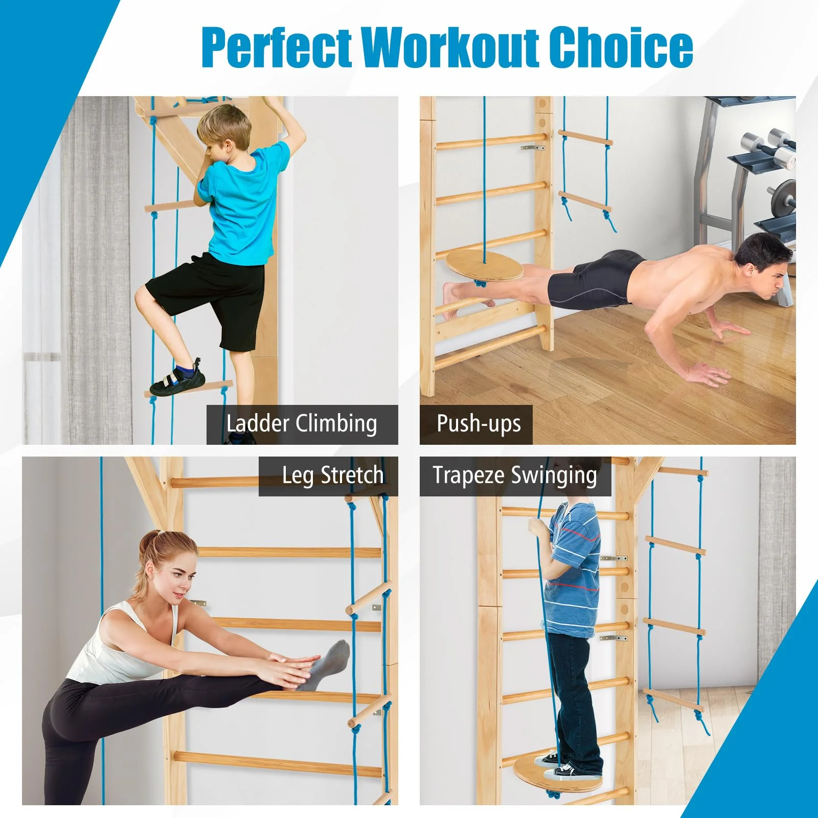 HONEY JOY Wood Stall Bar, Swedish Ladder with Swedish Wall & Pull Up Bar - Image 4
