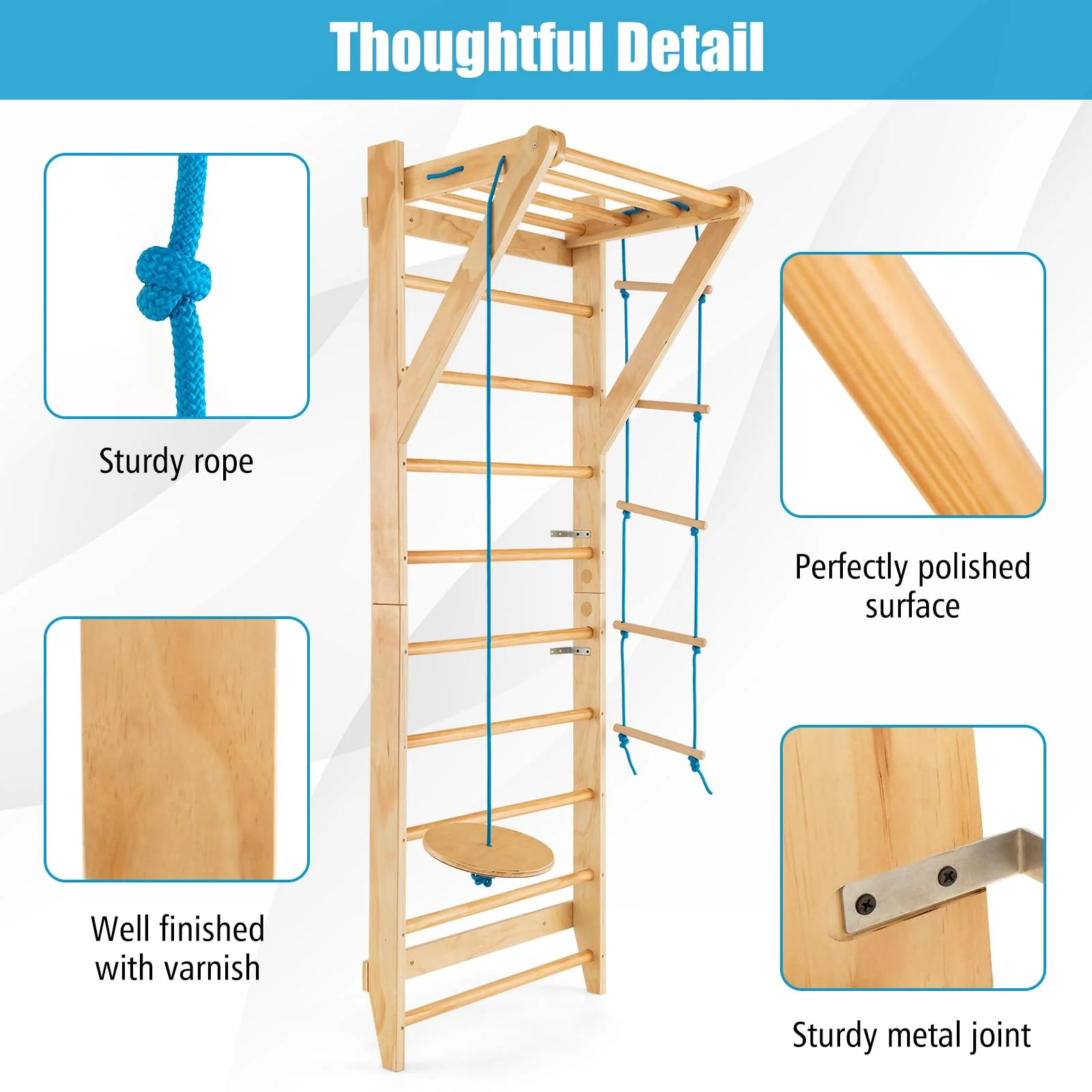 HONEY JOY Wood Stall Bar, Swedish Ladder with Swedish Wall & Pull Up Bar - Image 5