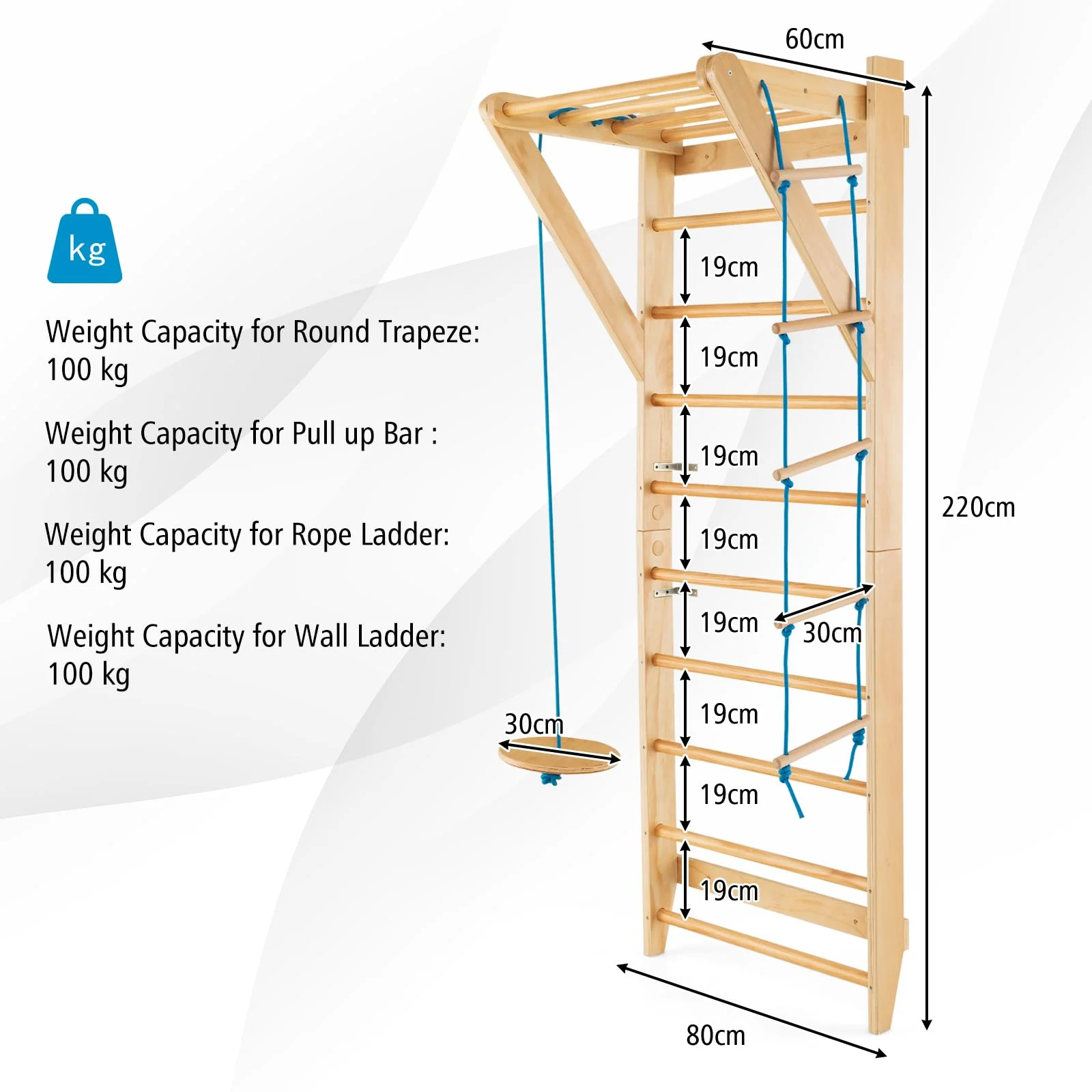HONEY JOY Wood Stall Bar, Swedish Ladder with Swedish Wall & Pull Up Bar - Image 7