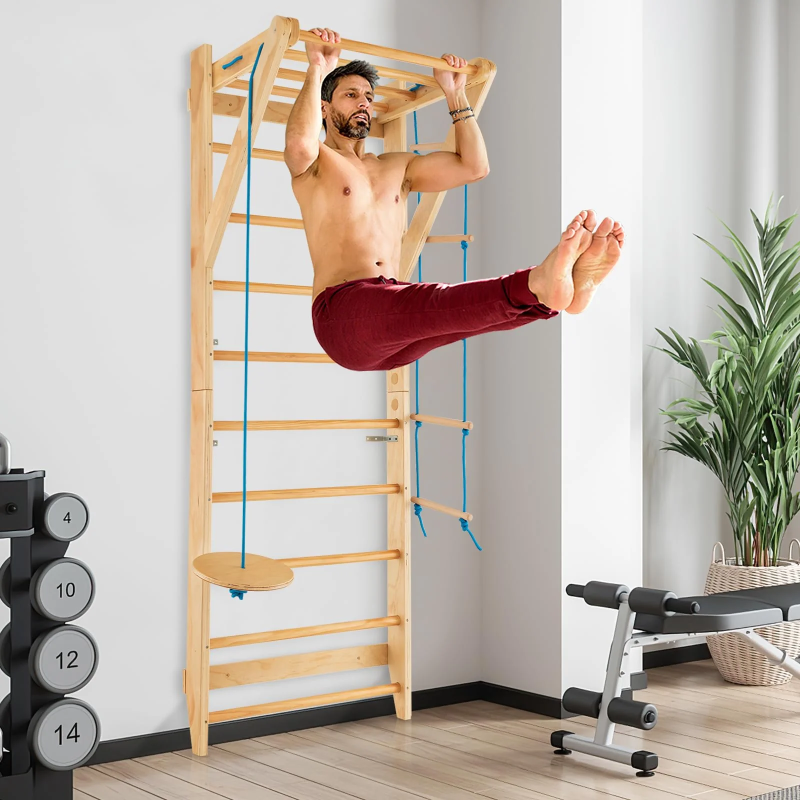 HONEY JOY Wood Stall Bar, Swedish Ladder with Swedish Wall & Pull Up Bar - Image 9