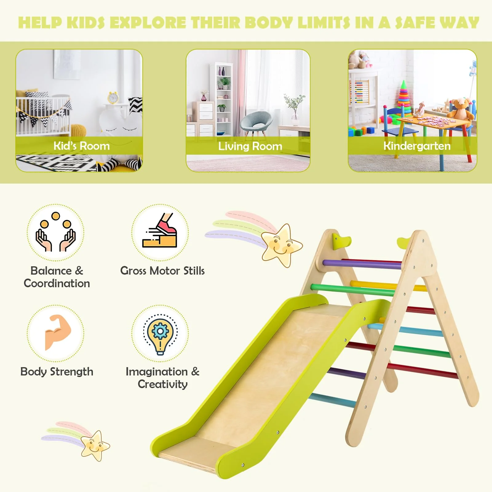 HONEY JOY Wooden Climbing Triangle Ladder for Kids, 2 in 1 Pikler Triangle Climber with Ramp for Slide - Image 5