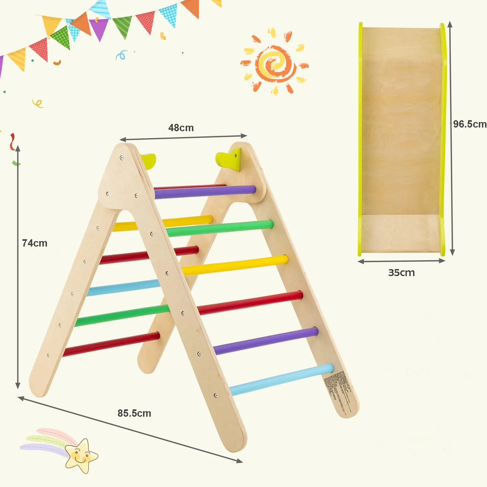 HONEY JOY Wooden Climbing Triangle Ladder for Kids, 2 in 1 Pikler Triangle Climber with Ramp for Slide - Image 6