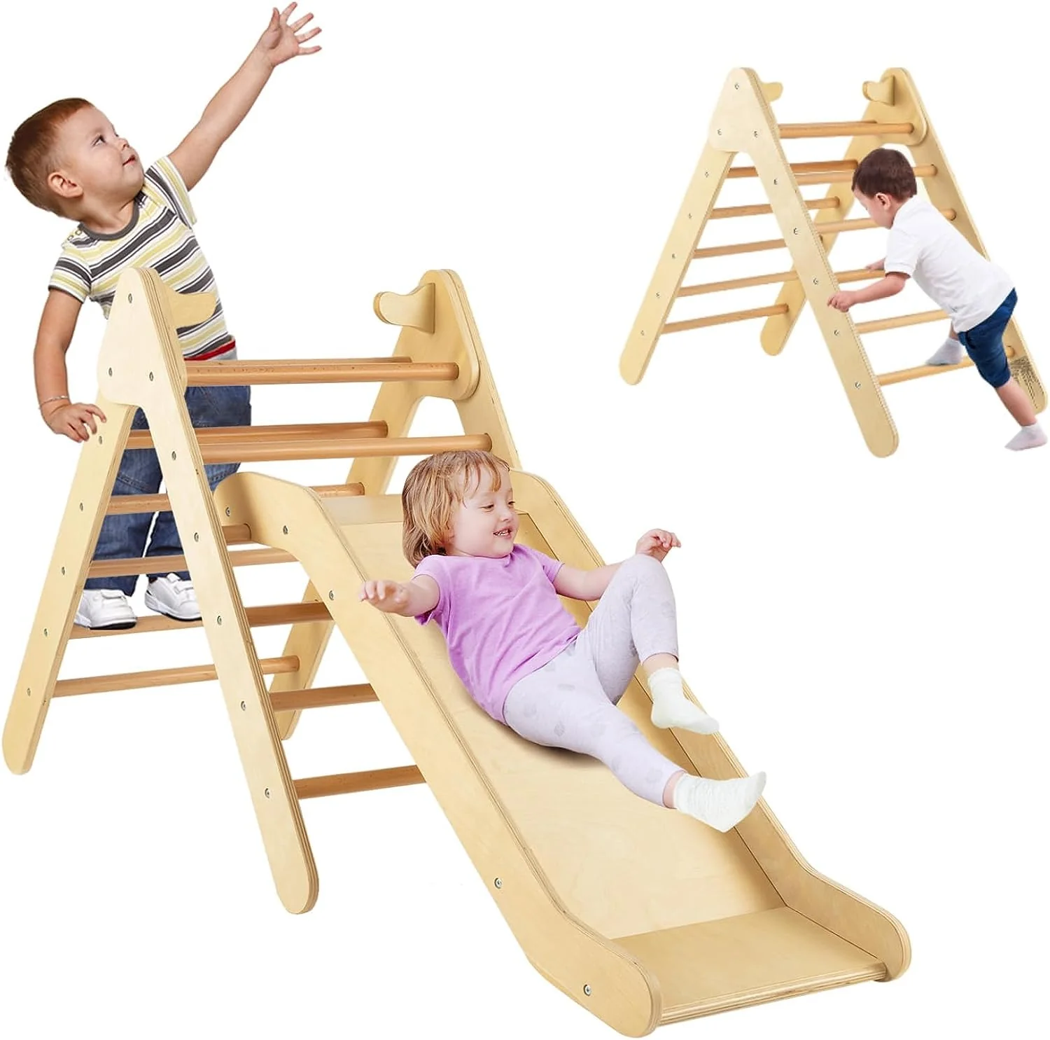 HONEY JOY Wooden Climbing Triangle Ladder for Kids, 2 in 1 Pikler Triangle Climber with Ramp for Slide - Image 8