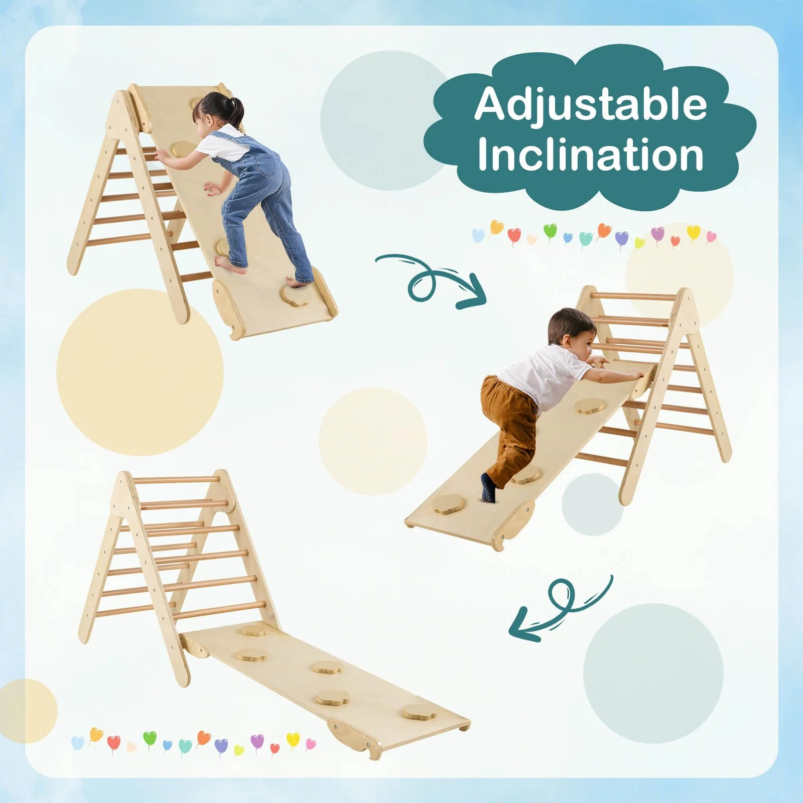HONEY JOY Wooden Climbing Triangle Ladder for Kids, Children Montessori Triangle Climber with Adjustable Angle’s Ramp for Climb - Image 5