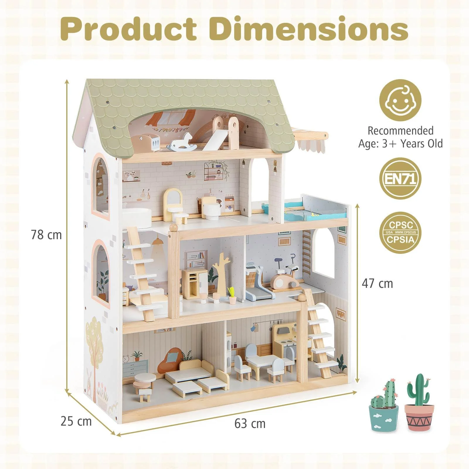HONEY JOY Wooden Dollhouse, 4-Story Kids DIY Pretend Playhouse - Image 3