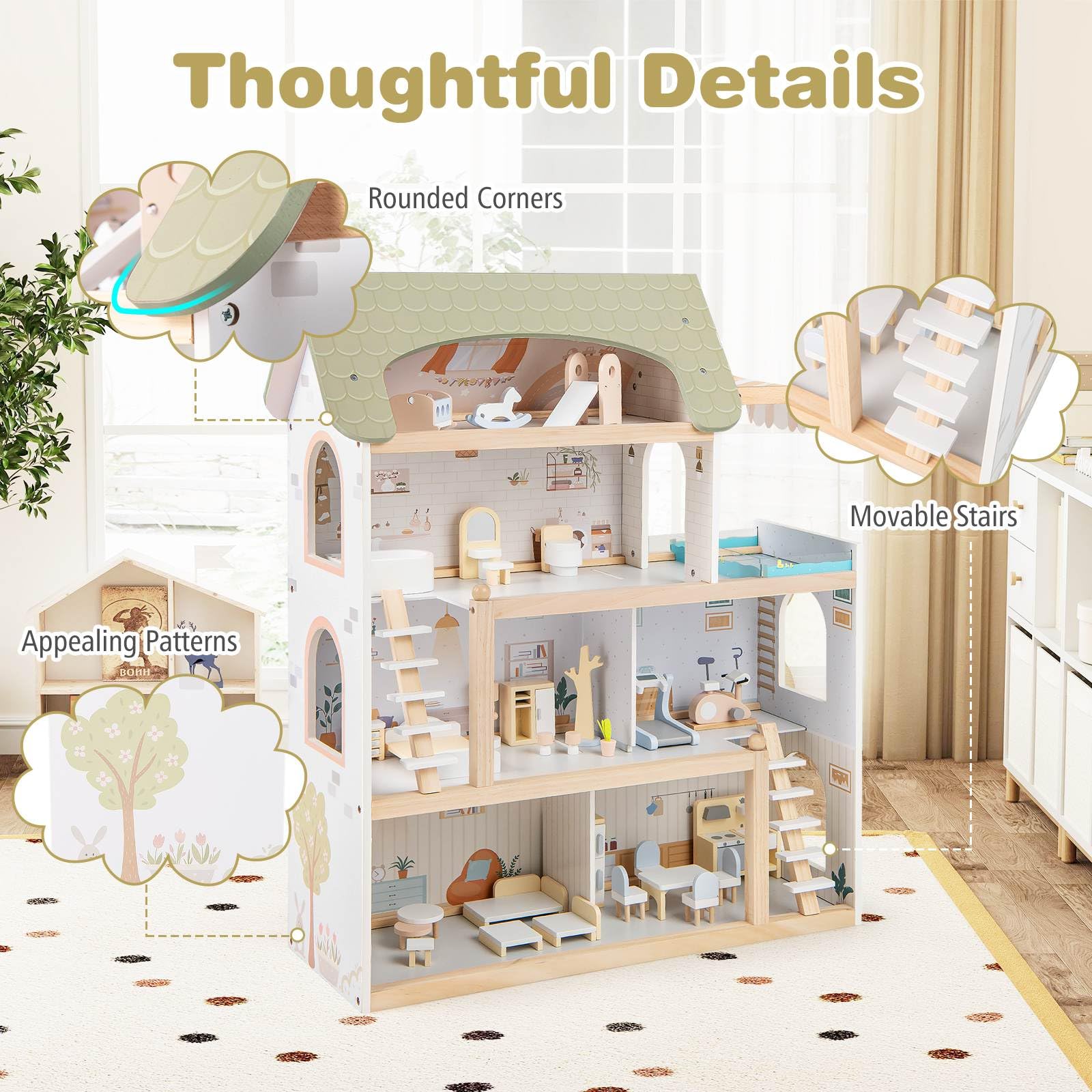 HONEY JOY Wooden Dollhouse, 4-Story Kids DIY Pretend Playhouse - Image 7