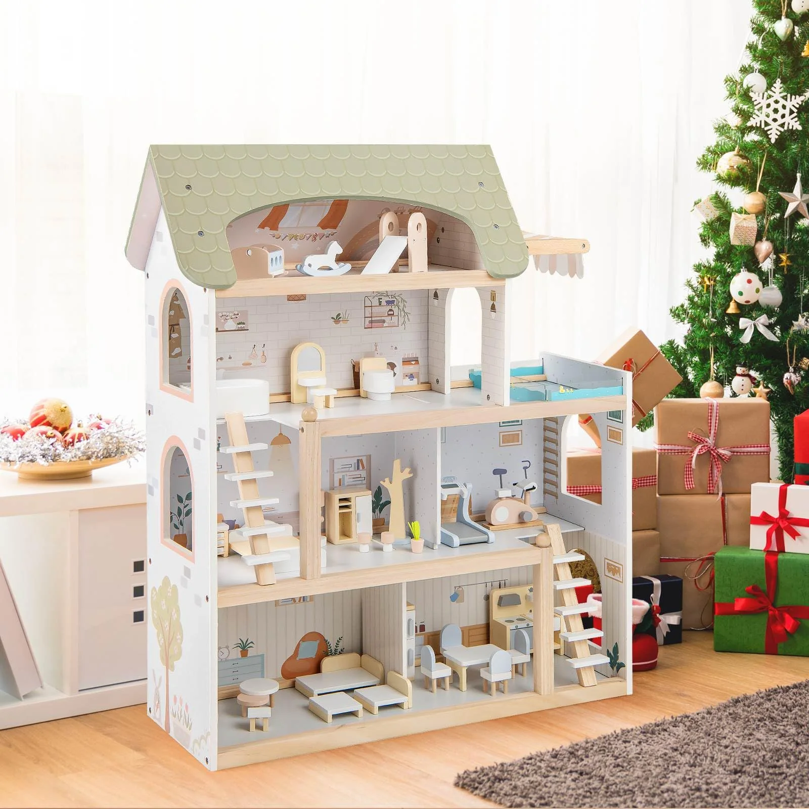 HONEY JOY Wooden Dollhouse, 4-Story Kids DIY Pretend Playhouse - Image 8