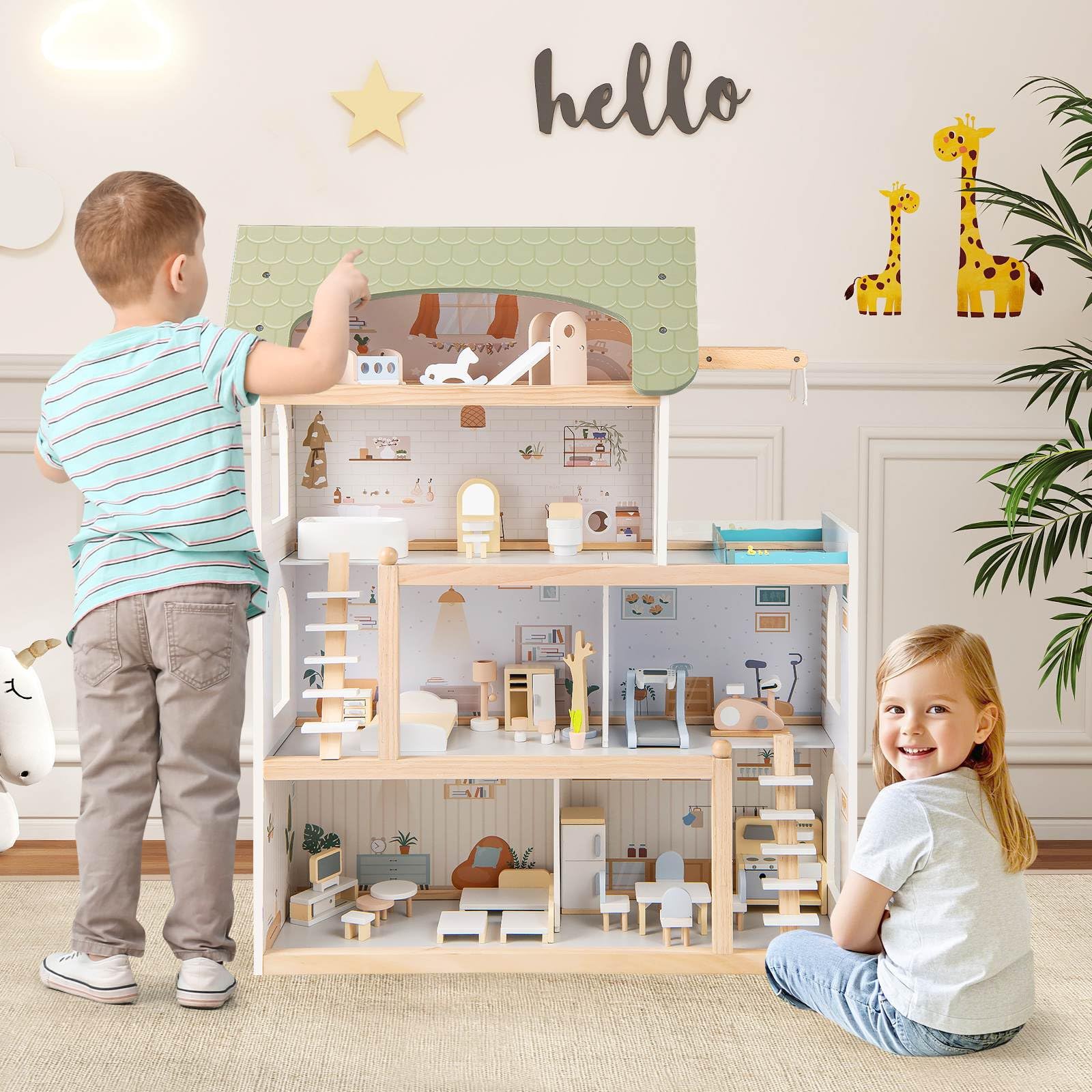 HONEY JOY Wooden Dollhouse, 4-Story Kids DIY Pretend Playhouse - Image 9