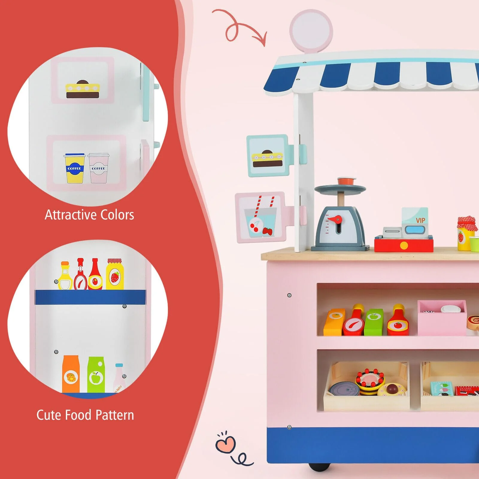 HONEY JOY Wooden Grocery Store Playset, Kids Pretend Role Play Market Stand with Play Food, Beverage Rack - Image 6