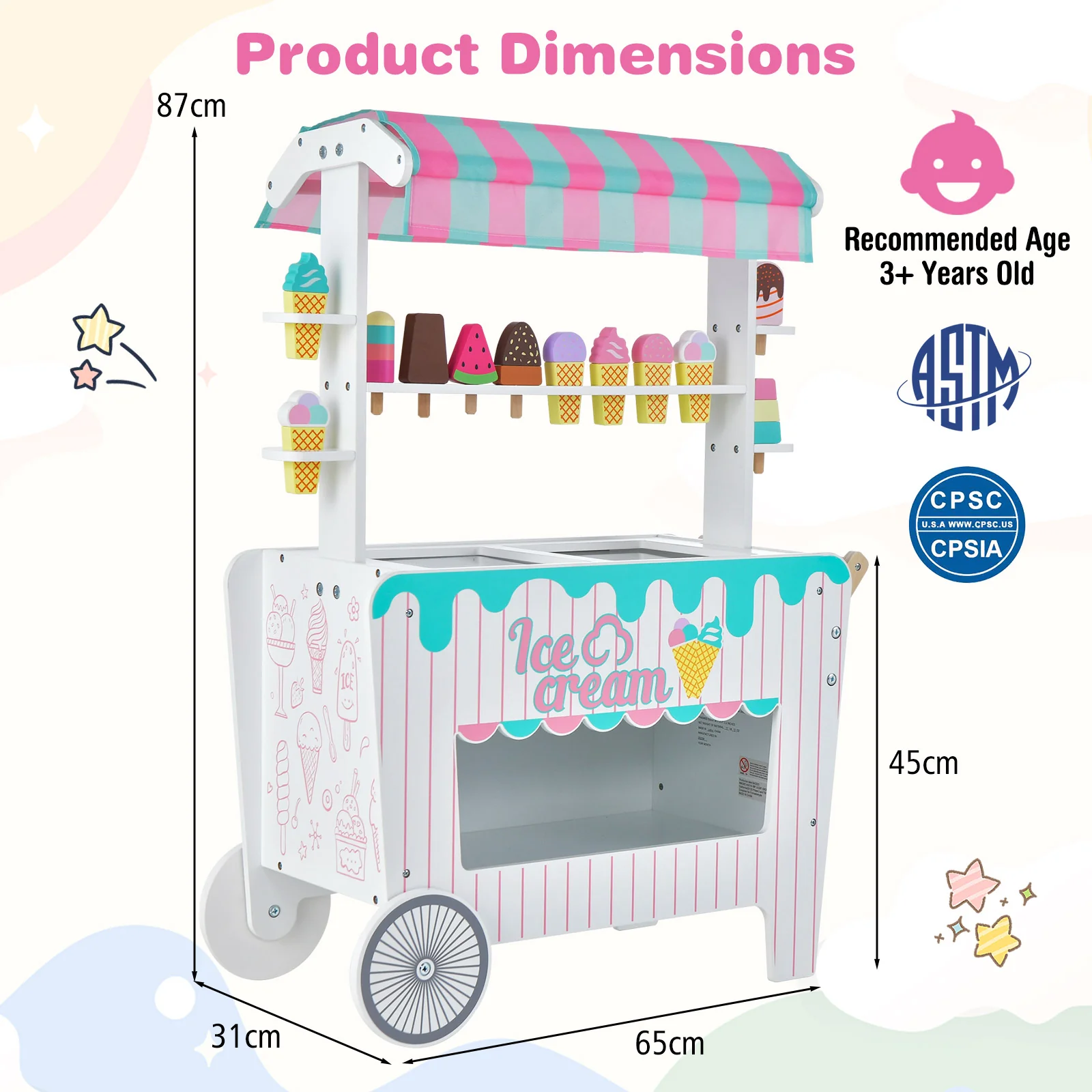 HONEY JOY Wooden Ice Cream Cart for Kids - Image 3