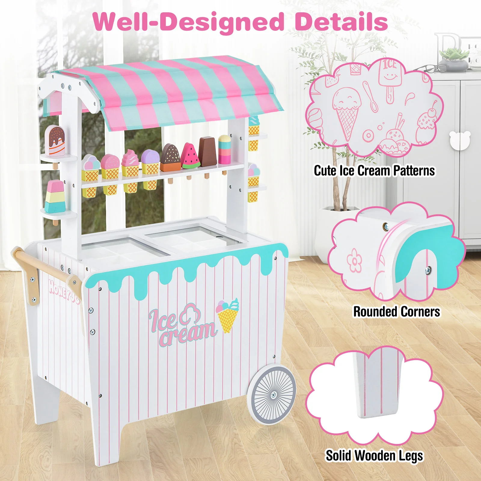 HONEY JOY Wooden Ice Cream Cart for Kids - Image 8