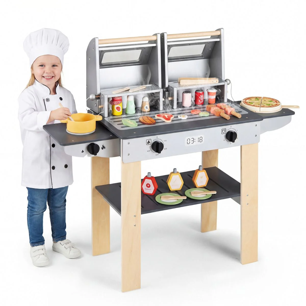 HONEY JOY Wooden Kids Barbecue Grill Playset, Kids Toy Grill with Abundant Grilling Tools