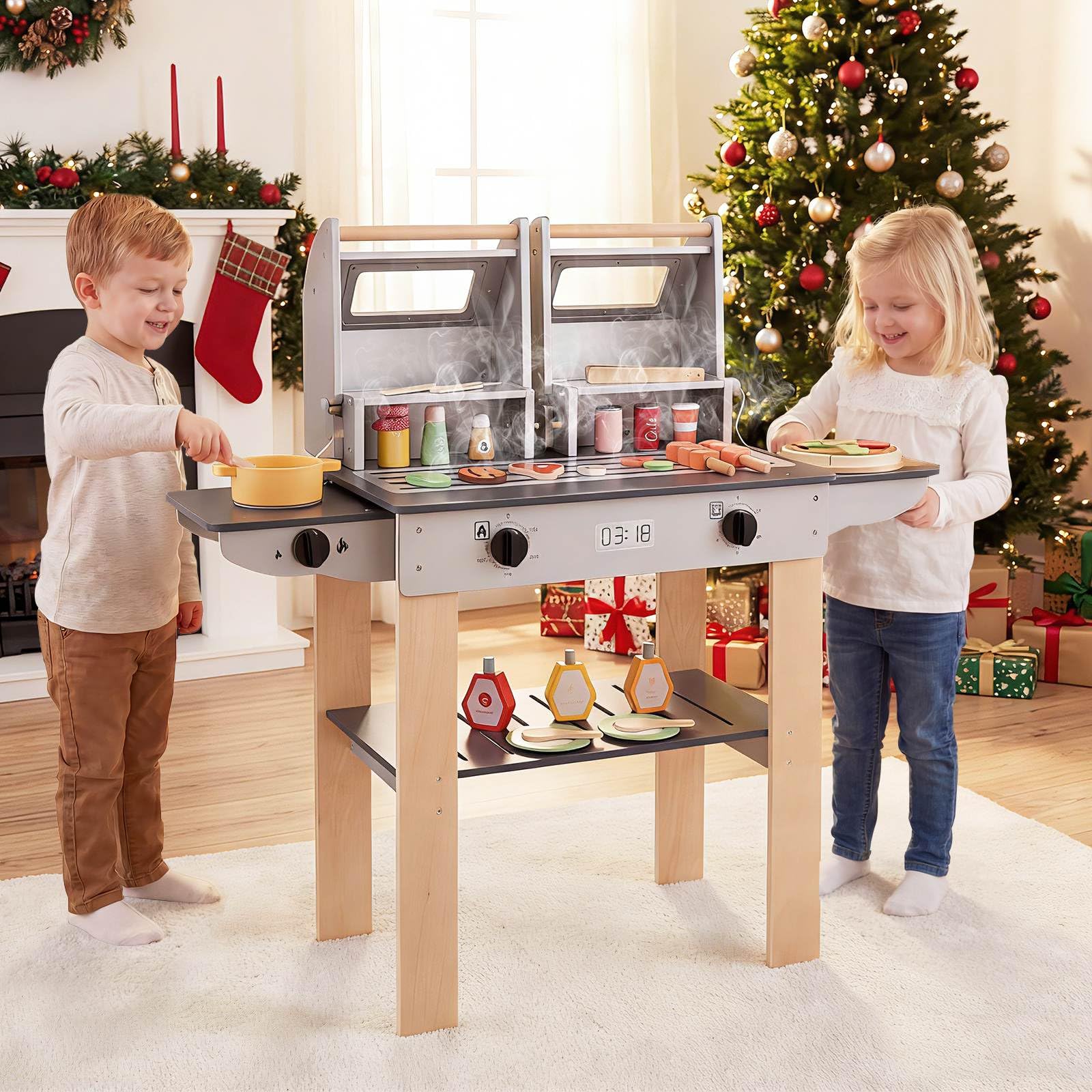 HONEY JOY Wooden Kids Barbecue Grill Playset, Kids Toy Grill with Abundant Grilling Tools - Image 10