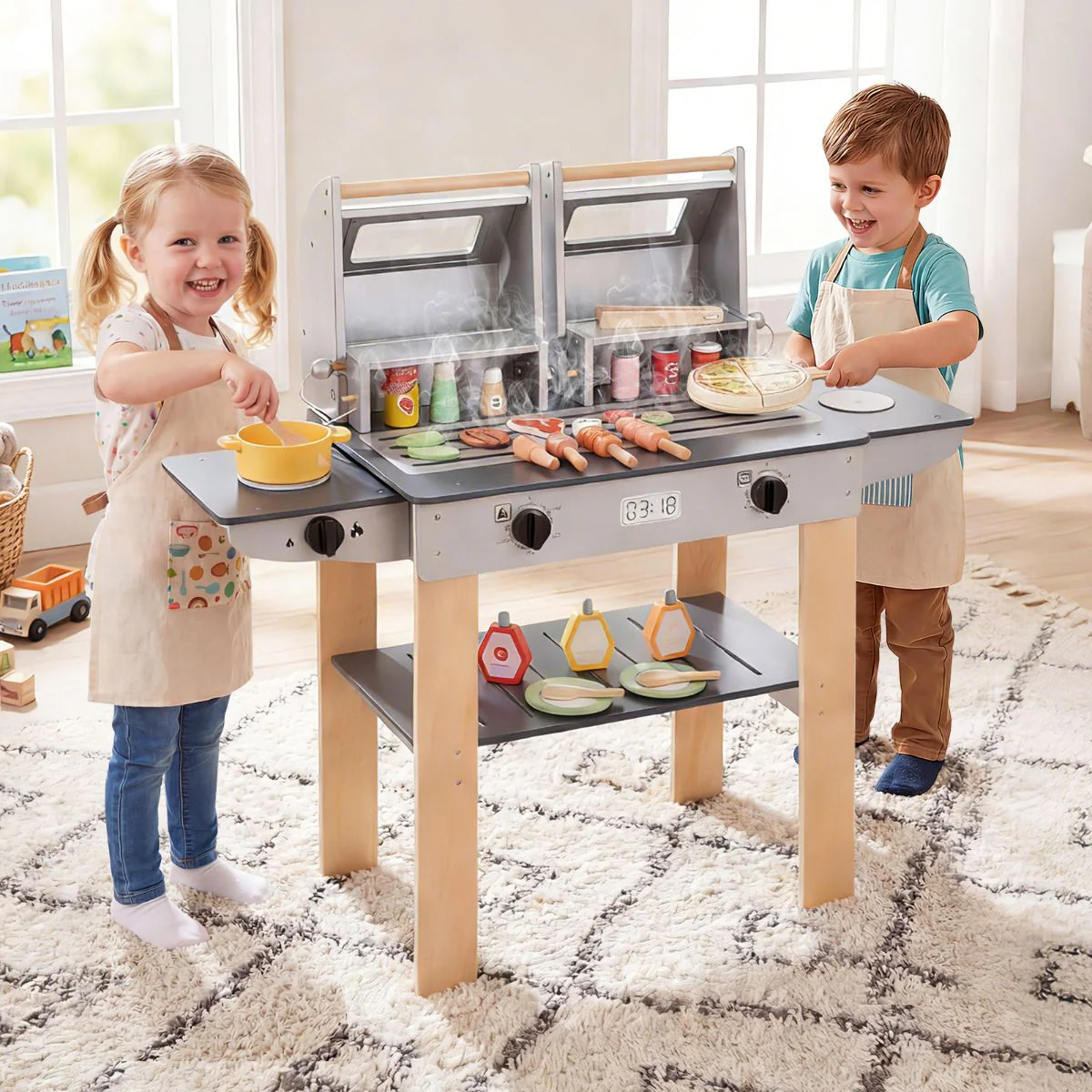 HONEY JOY Wooden Kids Barbecue Grill Playset, Kids Toy Grill with Abundant Grilling Tools - Image 2